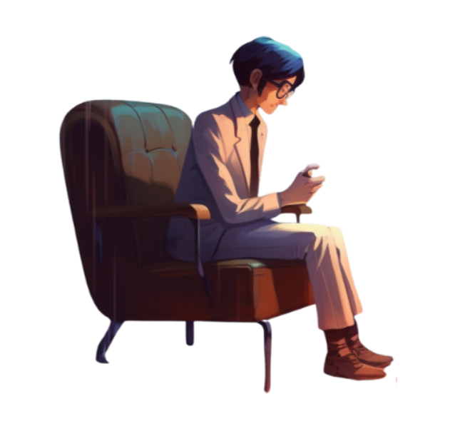 An illustrated woman with short blue hair and glasses sitting on a vintage green armchair, looking down.