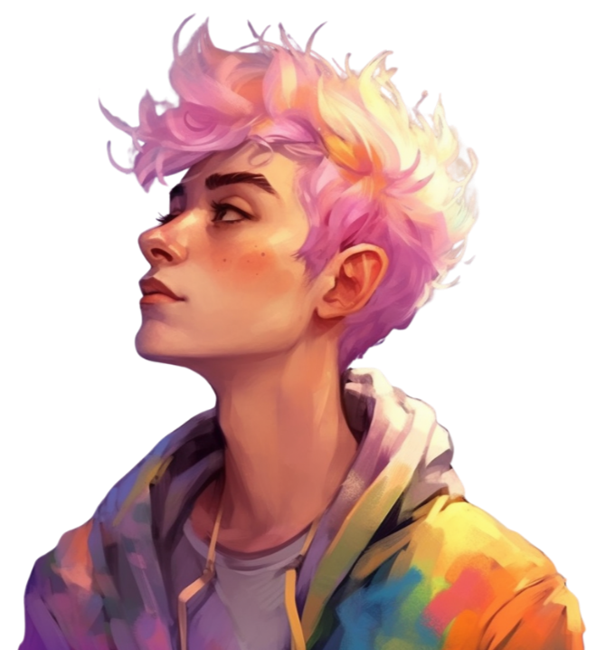 Digital illustration of a young person with pastel pink, purple, and yellow hair, wearing a multicolored hoodie, in a side profile pose.