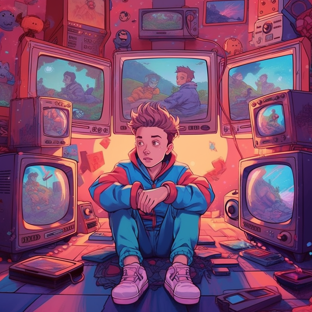 A young person sitting cross-legged surrounded by multiple vintage televisions, with a colorful, animated room filled with screens and electronic devices.