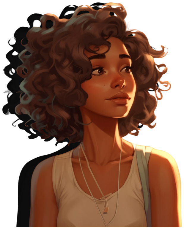 A young woman with curly brown hair, wearing a beige tank top and a necklace with a pendant, looking away thoughtfully.
