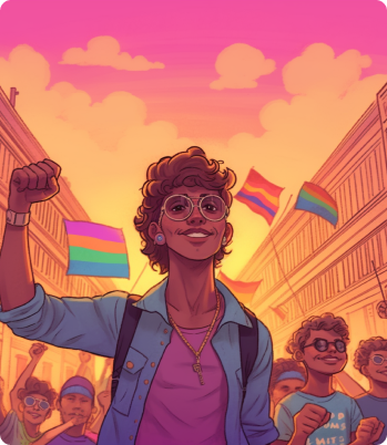 A woman marching in a pride parade, waving a rainbow flag, with a joyful expression, surrounded by other marchers and colorful buildings at sunset.