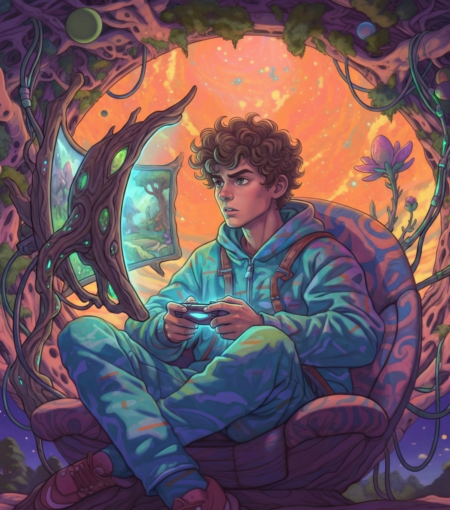 A young person with curly hair sitting in a cozy, organic-looking nest made of branches and vines, playing a video game. The environment is vibrant and fantastical, with glowing plants, a small framed picture of a similar scene, and an orange and pink sky in the background.