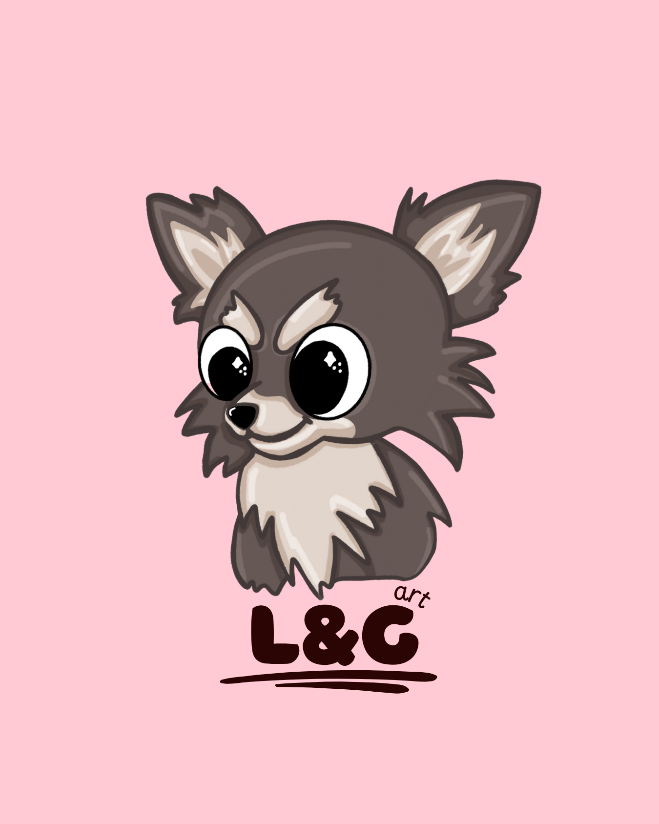 Ein zeichentrickartiges Hundemaskottchen auf einem pinken Hintergrund, darunter steht der Text 'L&C art'.