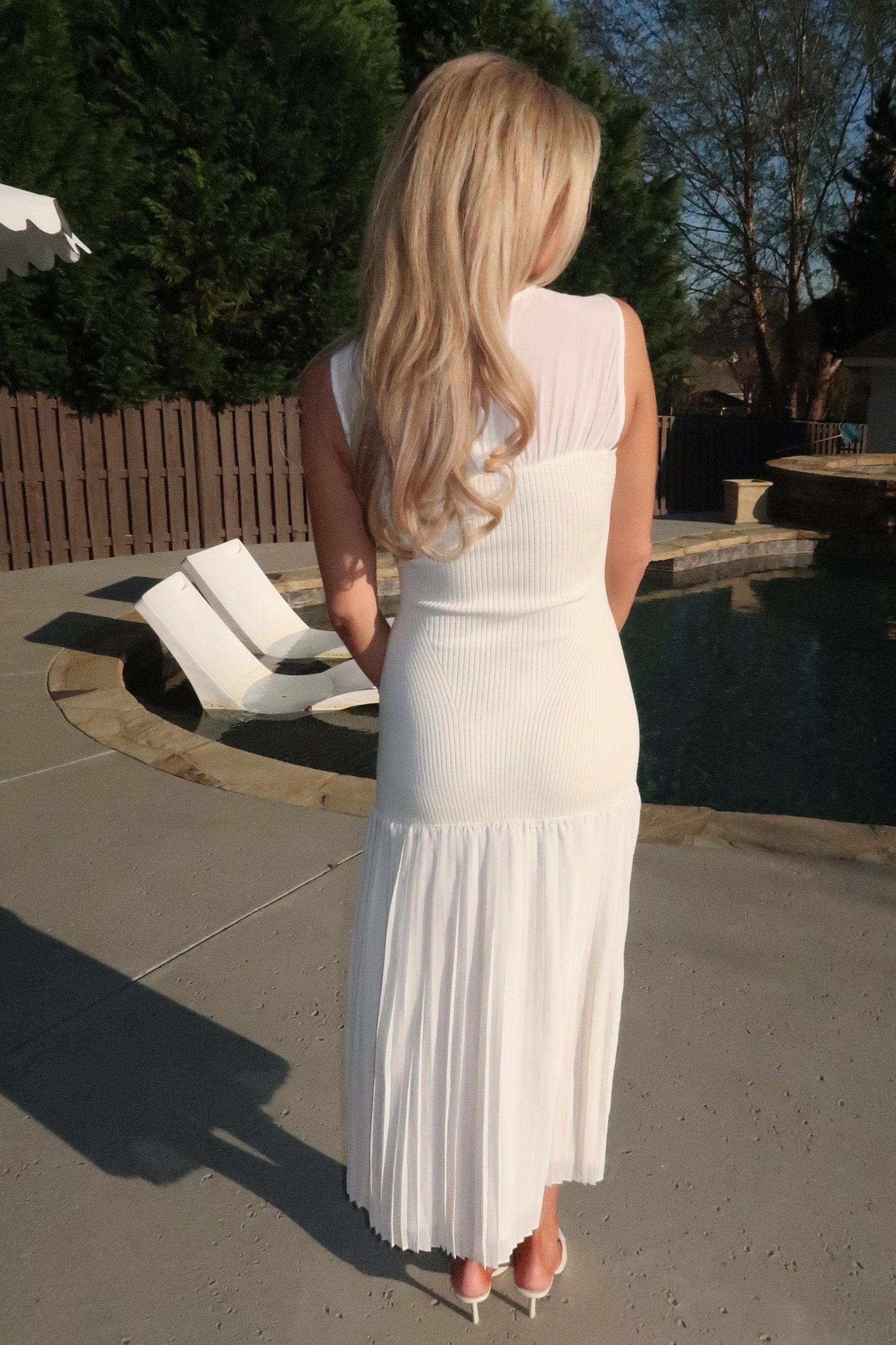 The Country Club Midi Dress featuring a cream pleated chiffon drop-waist | House of Duke