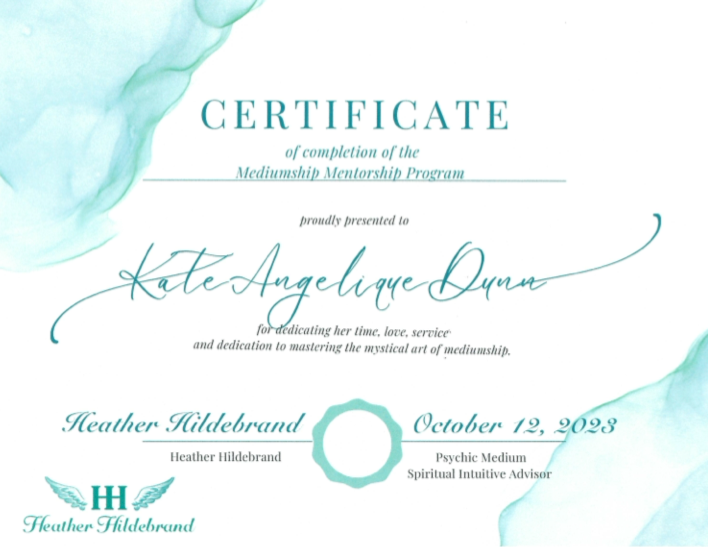 Certificate of completion for the Midership Mentorship Program awarded to Kate Angelique Dumas, dated October 12, 2023, with decorative blue and green watercolor-like accents and a teal emblem with wings at the bottom left.