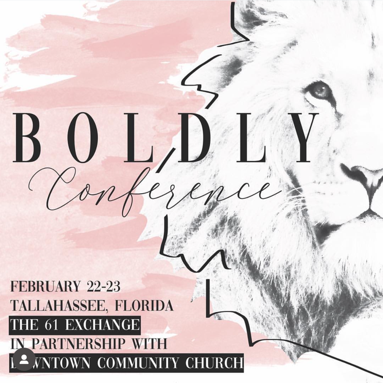 Pink and white flyer for the 'Boldly Conference' featuring a partially illustrated lion's face and event details including date, location, and partners.