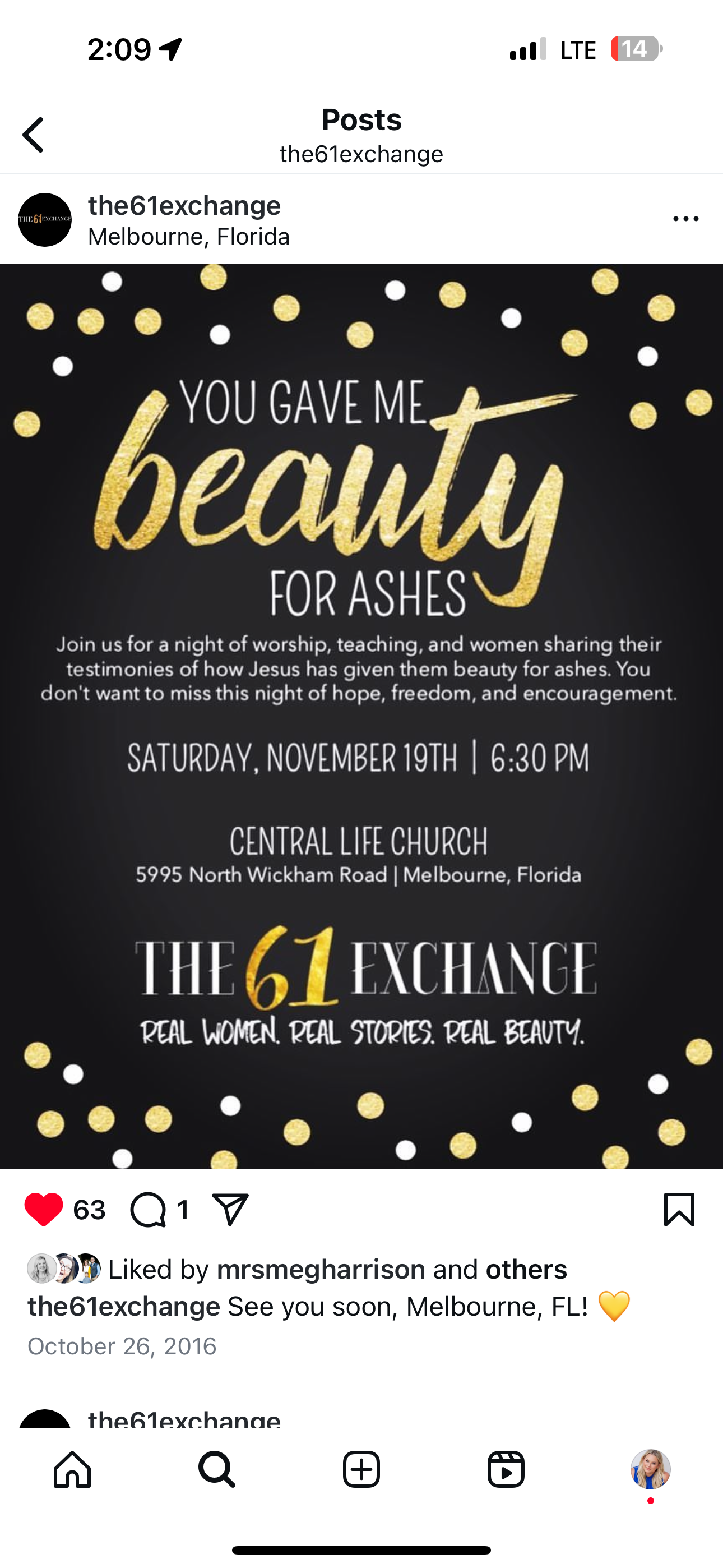 Invitation poster for an event called 'You Gave Me Beauty for Ashes' on November 19th at 6:30 PM at Central Life Church, Melbourne, Florida. The poster features a black background with gold and white confetti-like dots and text, highlighting themes of worship, teaching, and women sharing testimonies.