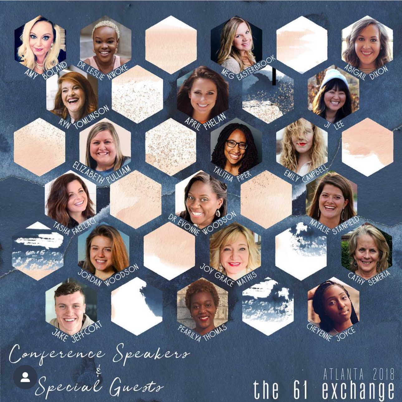 Promotional graphic for the 61 exchange conference in Atlanta 2018 featuring photos of women conference speakers and special guests arranged in a honeycomb pattern with hexagon frames, with the text 'Conference Speakers & Special Guests' and details about the event.
