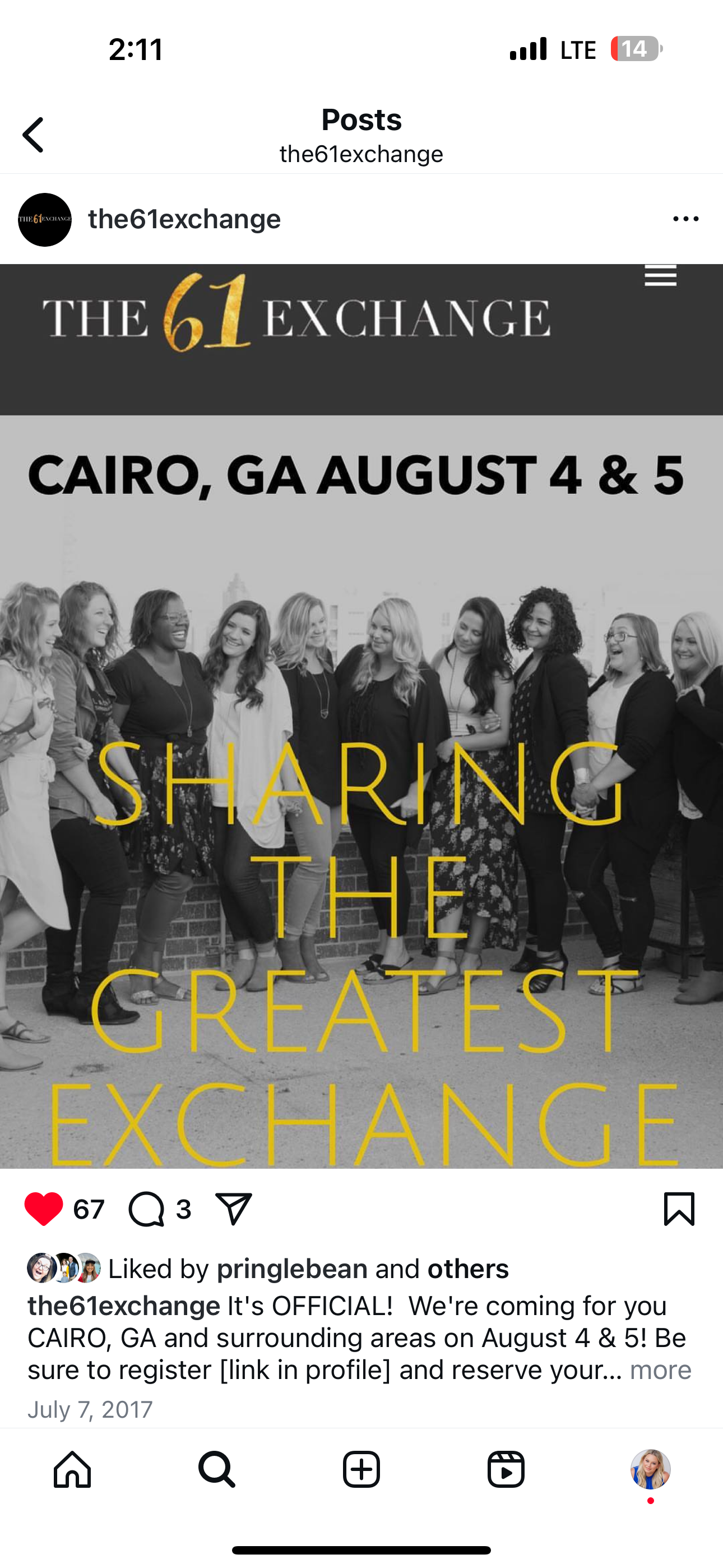 Announcement for an event in Cairo, Georgia on August 4 and 5 hosted by the 61 Exchange, with a group of women smiling and talking outdoors.
