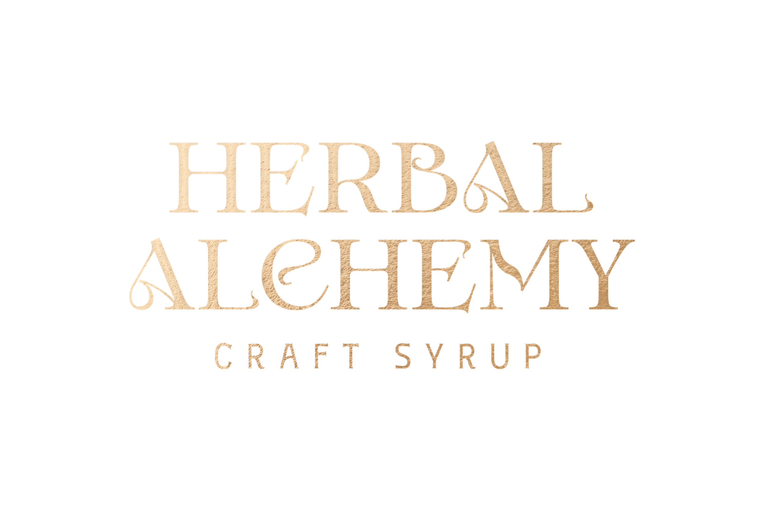 Text saying 'HERBAL', 'ALCHEMY', and 'CRAFT SYRUP' in a stylized, brushed gold color font with a black transparent background.
