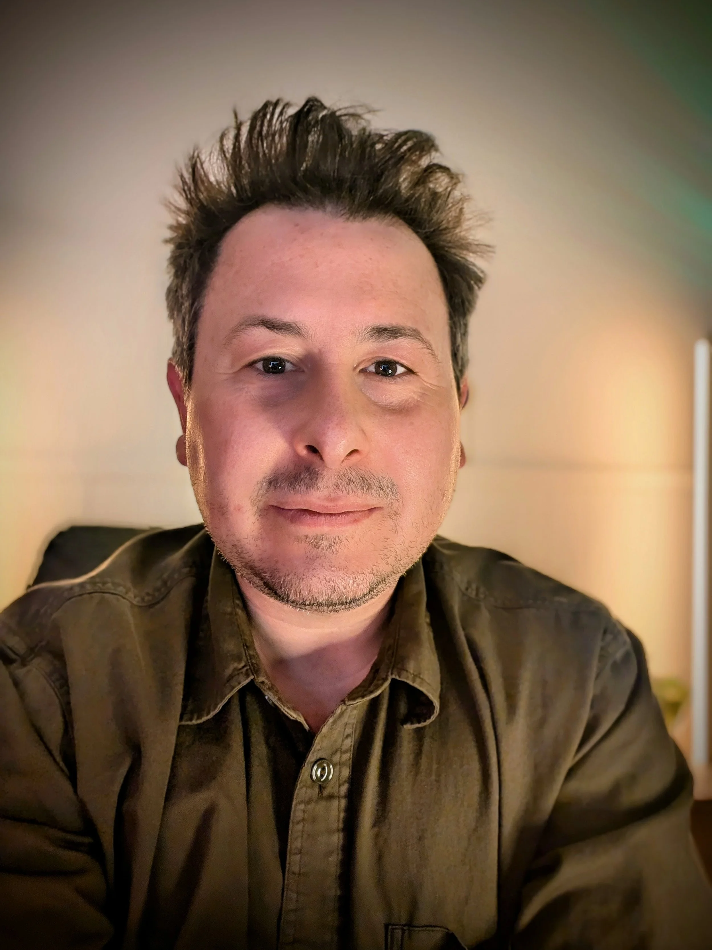 A portrait of a man with dark, spiky hair, wearing a brown jacket with a visible button, sitting indoors against a beige wall, smiling slightly.