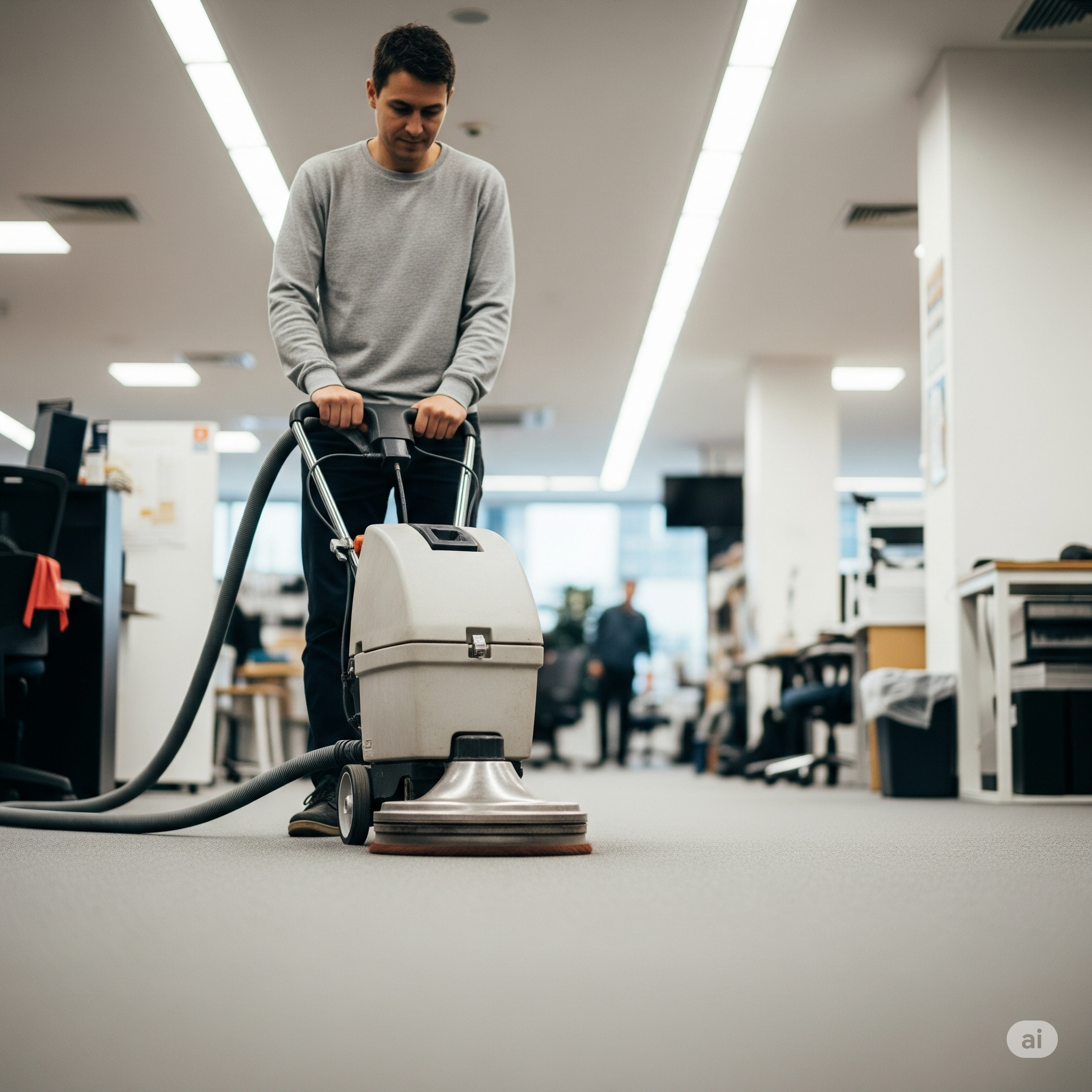 Man cleaning office carpet with a carpet cleaning machine.