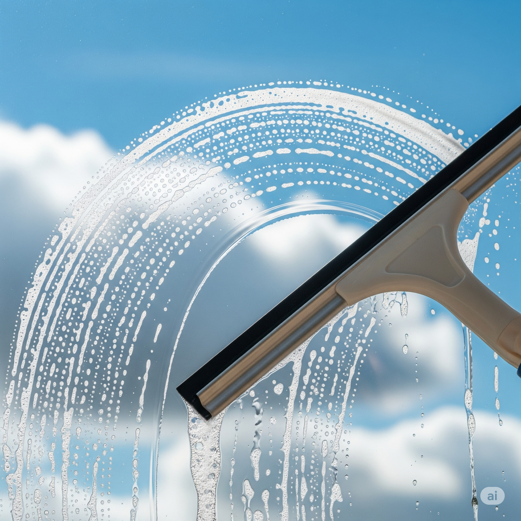 A squeegee cleaning a glass window with water and soap, with a cloudy sky in the background.