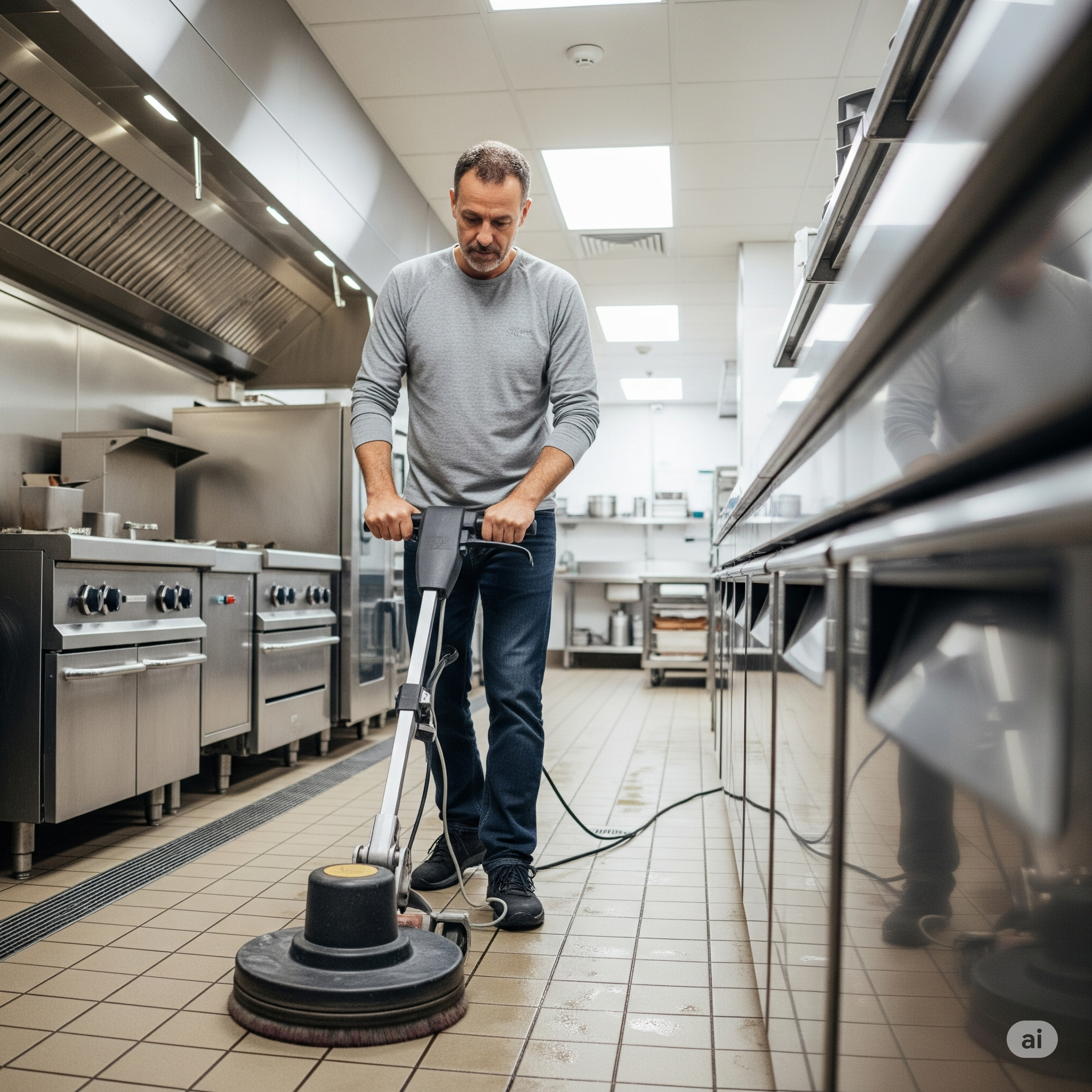 A man is cleaning the kitchen floor in a commercial kitchen using a floor cleaning machine.