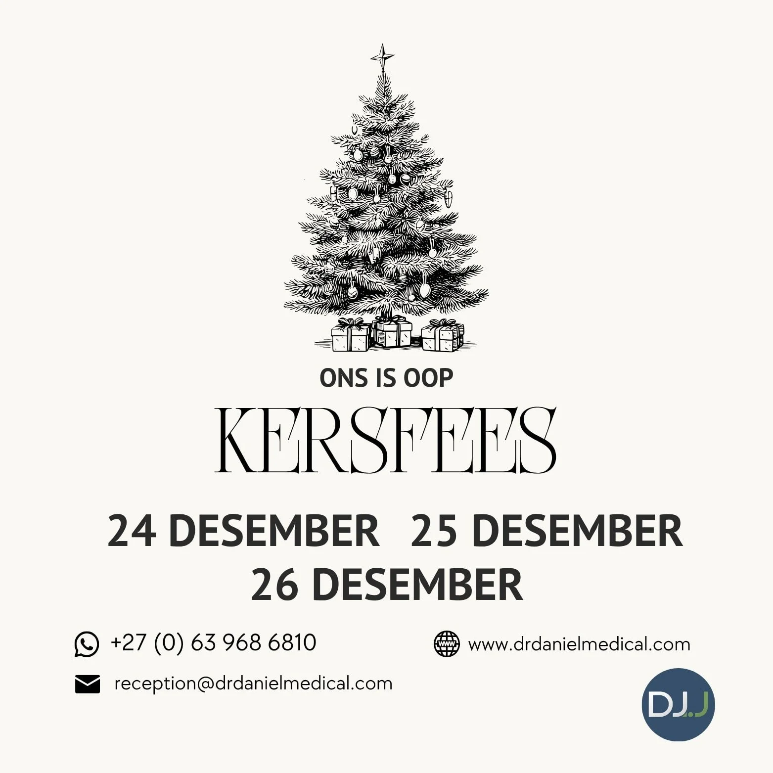 Ja! Ons is OOP hierdie feestyd! 🎁 Want jou gesondheid neem nie vakansie nie 
📅 24&ndash;26 Des 
Slaan die stres oor, slaan die ongevalle-afdeling oor en kry vinnige, professionele sorg. 
📞 063 968 6810 
Skakel Dr. D. J. Joubert vir 'n afspraak.