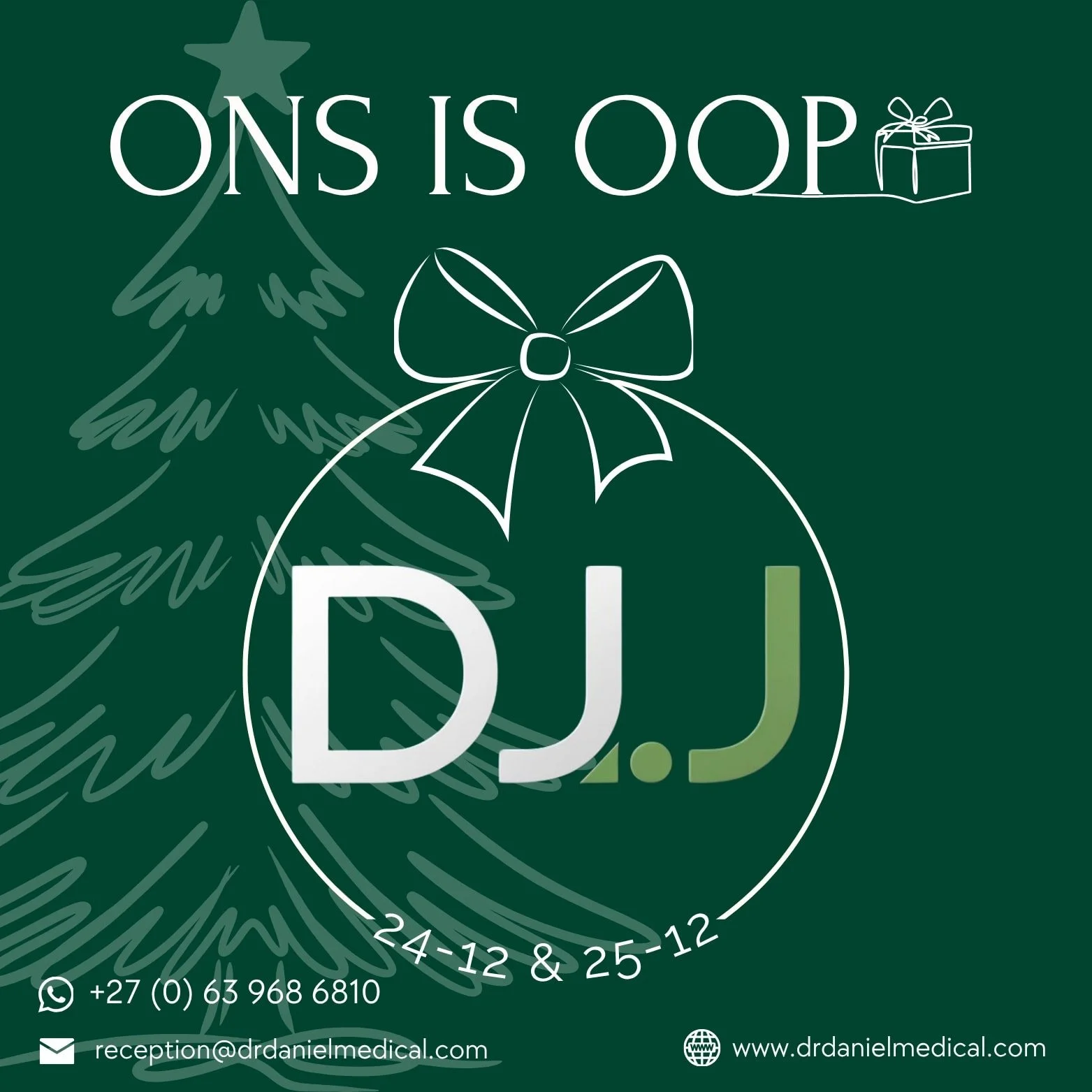 ✨ Ons hou jou gesond hierdie Kersfees! Ons sal oop wees op 24, 25 en 26 Desember vir afsprake. Vermy vertragings in die ongevalle-afdeling en sien jou gouer. 
📞 063 968 6810 
Kontak Dr. D. J. Joubert om jou besoek te skeduleer. 🎄 Ons wens jou 'n ve