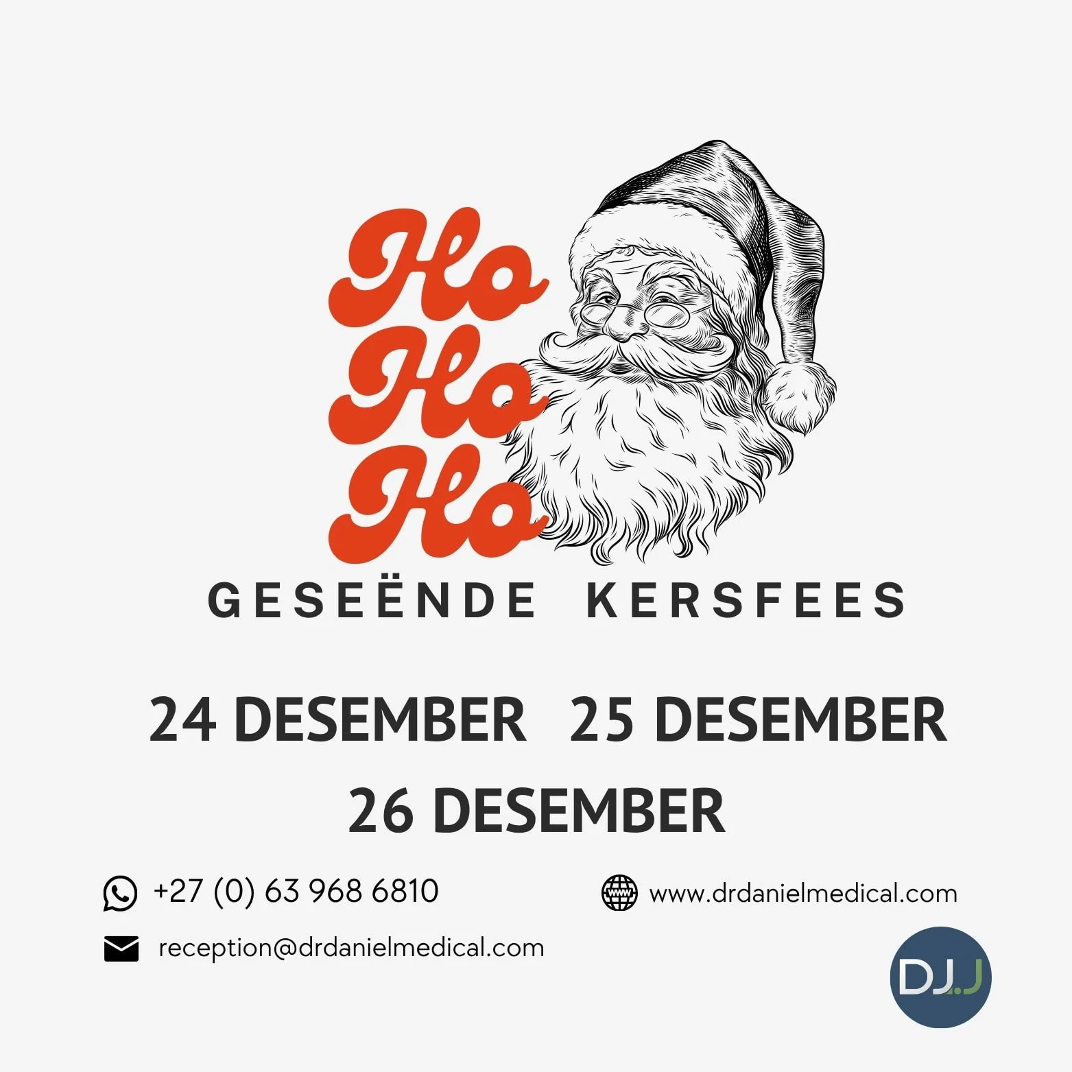 🎄 Gese&euml;nde Kersfees 🎄 
Ons is vandag oop en gereed om jou met enige mediese behoeftes te help. Geen lang wagtye, geen vakansiestres nie &mdash; net kwaliteit sorg wanneer jy dit die nodigste het. 
✨ Ons is hier vir jou hierdie Kersdag
📞 063 9