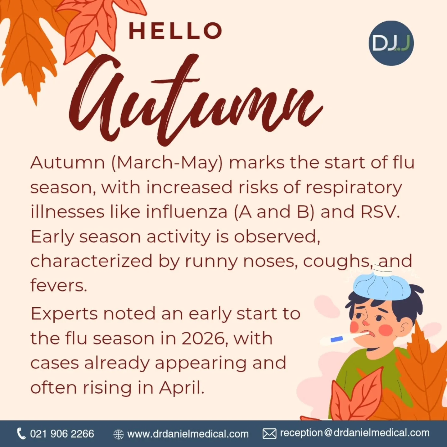 🍂 Autumn Flu Awareness

As temperatures drop, flu season begins in South Africa &mdash; with cases already on the rise this year. Increased indoor time and lower immunity make colds, flu, and sinus infections more common.

💉 Don&rsquo;t wait &mdash