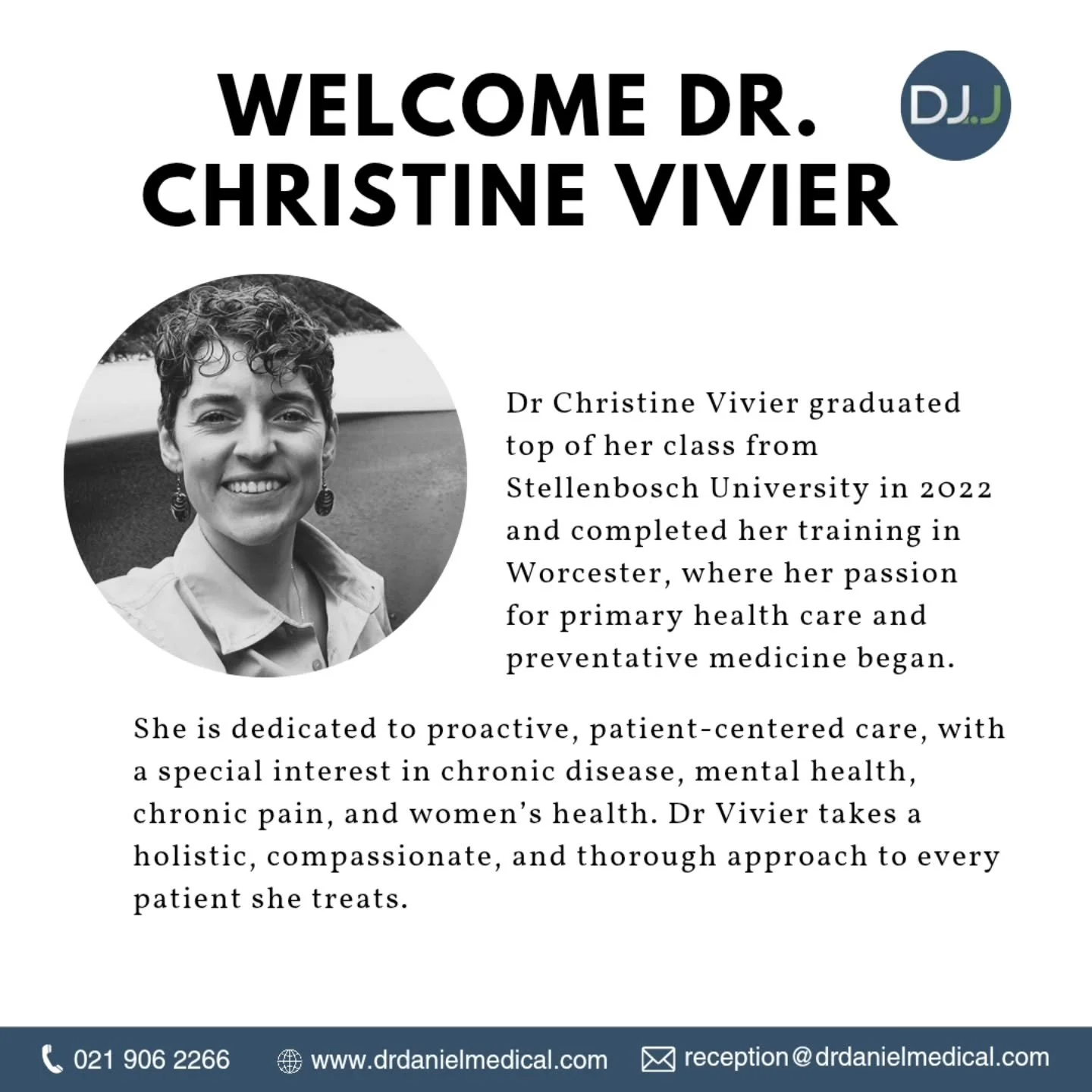 We&rsquo;re excited to welcome Dr Christine Vivier to the practice of Dr Dani&euml;l J Joubert 🤍 🩺

Dr Vivier will be available for appointments every Wednesday afternoon and over weekends.

Book your appointment and experience her compassionate, p