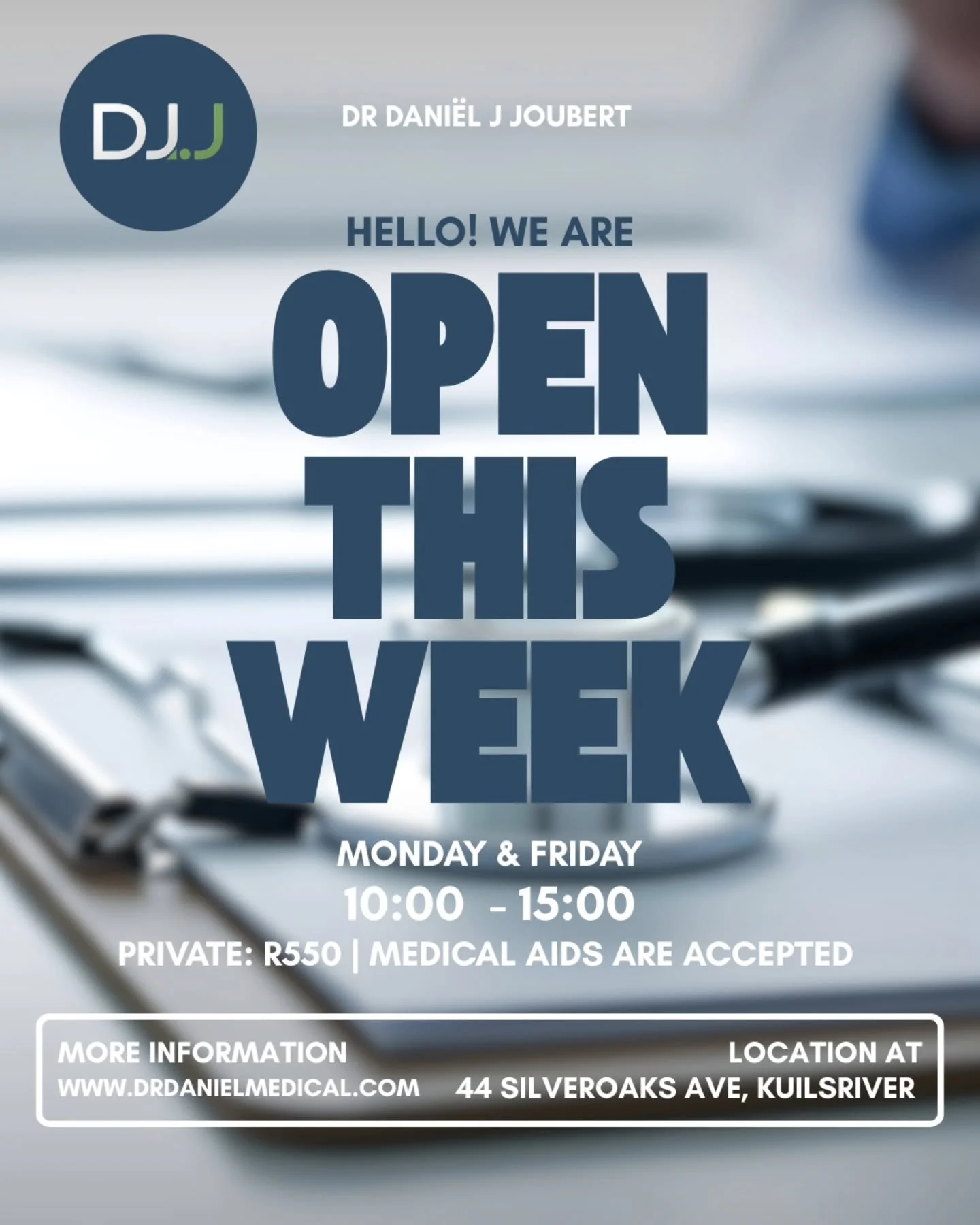 🚑 OPEN ON PUBLIC HOLIDAYS 🚑

📅 Mon 27 April
📅 Fri 1 May

👨&zwj;⚕️ Dr Dani&euml;l J Joubert
🕒 By appointment only

📲 WhatsApp/Call: 063 968 6810

✨ Care when you need it most&mdash;long weekend covered.
