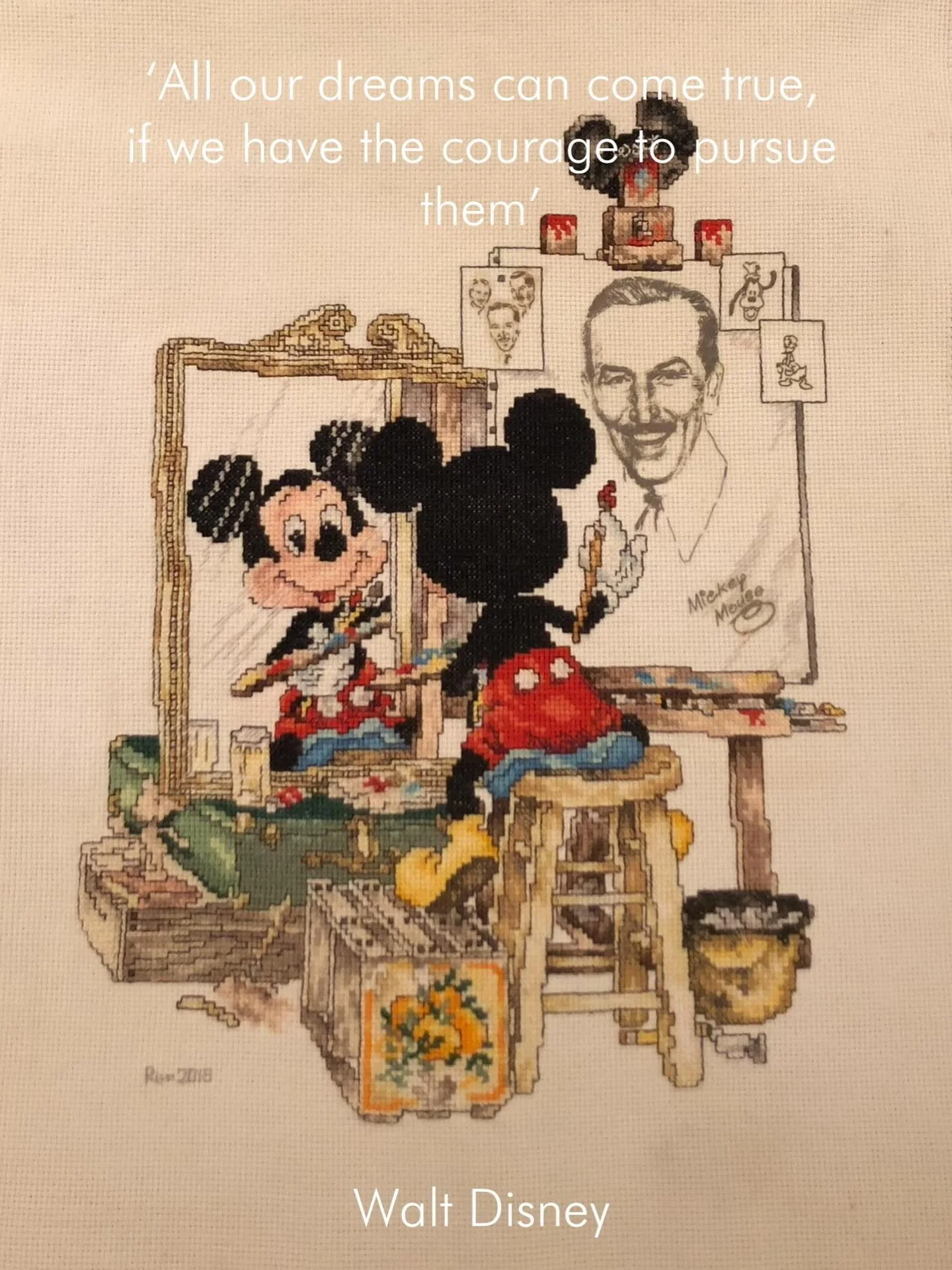 &ldquo;All our dreams can come true, if 
we have the courage to pursue them&rdquo;

Walt Disney 

It&rsquo;s not all about paint that fuels my creativity, this cross stitch
piece of Mickey Mouse painting Walt Disney is one of my favourite creations &