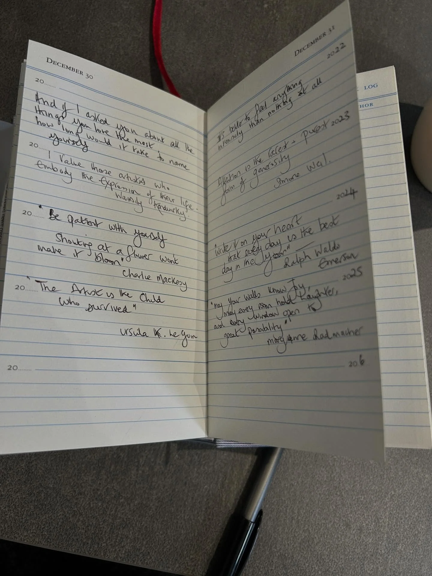 Another diary &amp; 2025 finished.
Collected quotes only ,voices from the radio and screens, read, artists, musicians, celebrities &amp; some ordinary everyday quotes that inspire me. 
Five-year diary. Fourth Year completed. 

#fiveyeardiary 
#quoteo