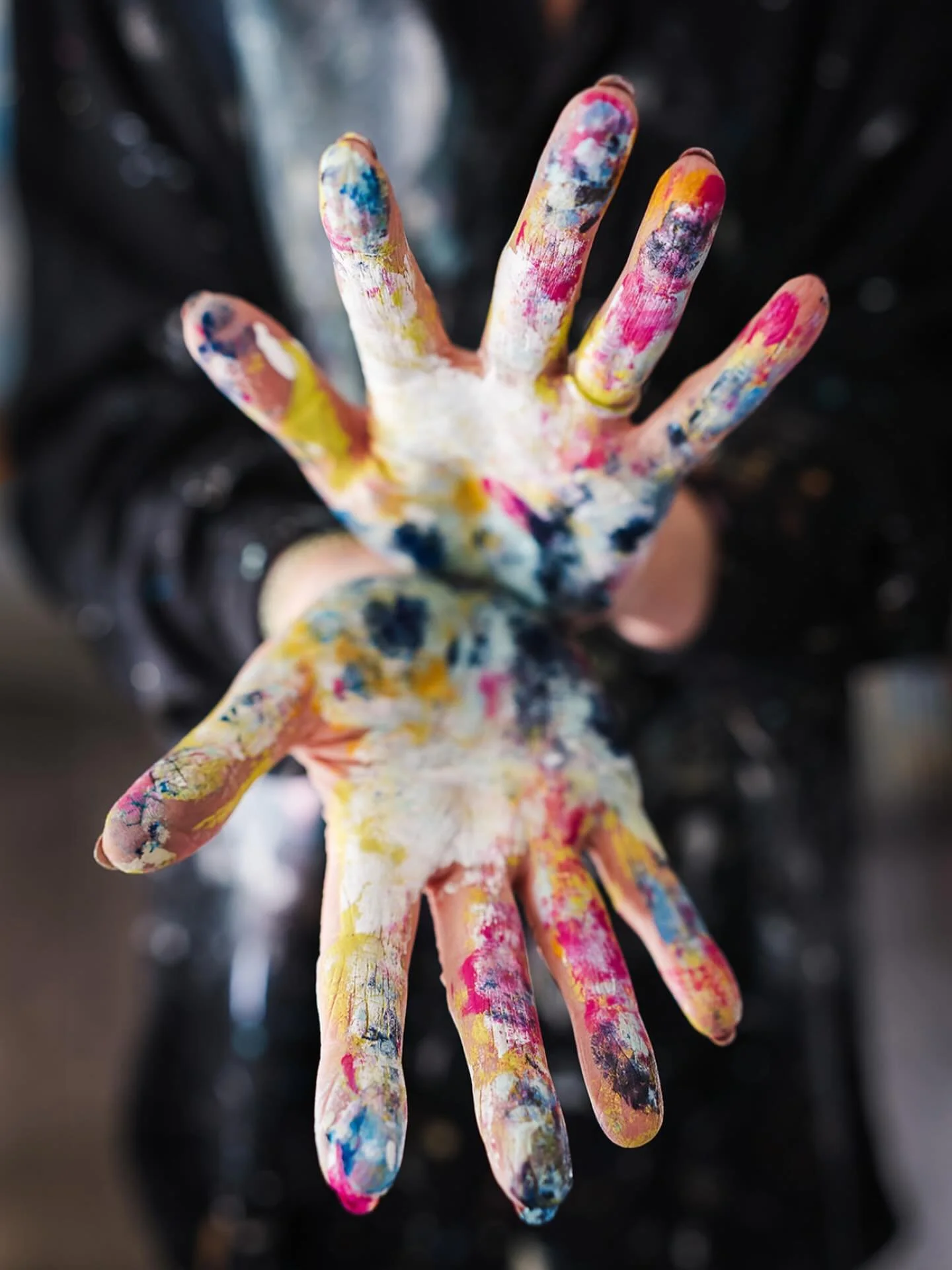 Covered in the process.
Paint on my hands, ideas everywhere.
After a very busy time with commissions &amp; then a shoulder op, 
I&rsquo;m back painting again 💙
I&rsquo;ve been deep in creating, something that feels like me.
A new body of work is unf