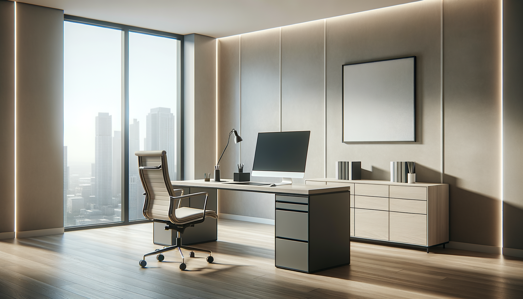 Una oficina moderna con vista a la ciudad, escritorio con computadora, silla de oficina y muebles de almacenamiento, iluminación natural y paredes en tonos neutros.