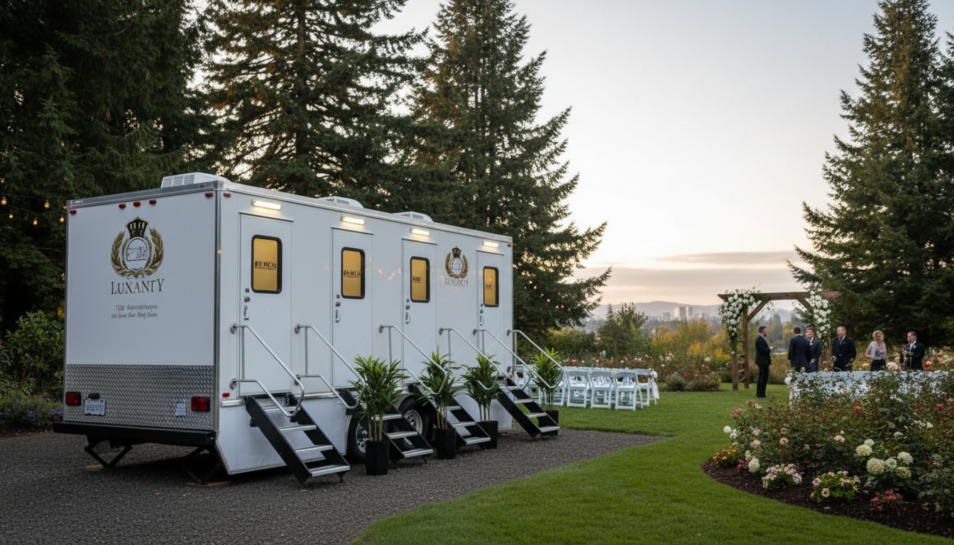 mobile restroom outside on the grass at a wedding