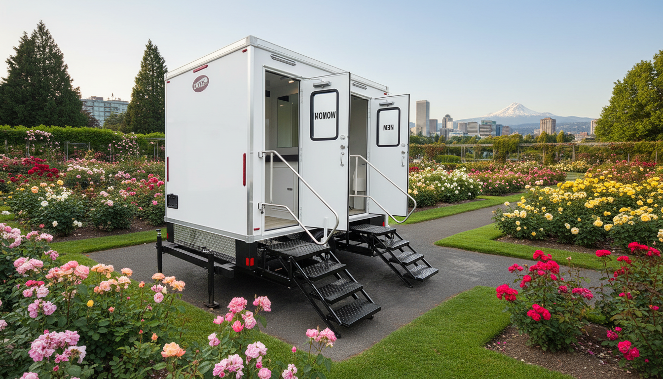 Mobile restroom trailer outside at a film production