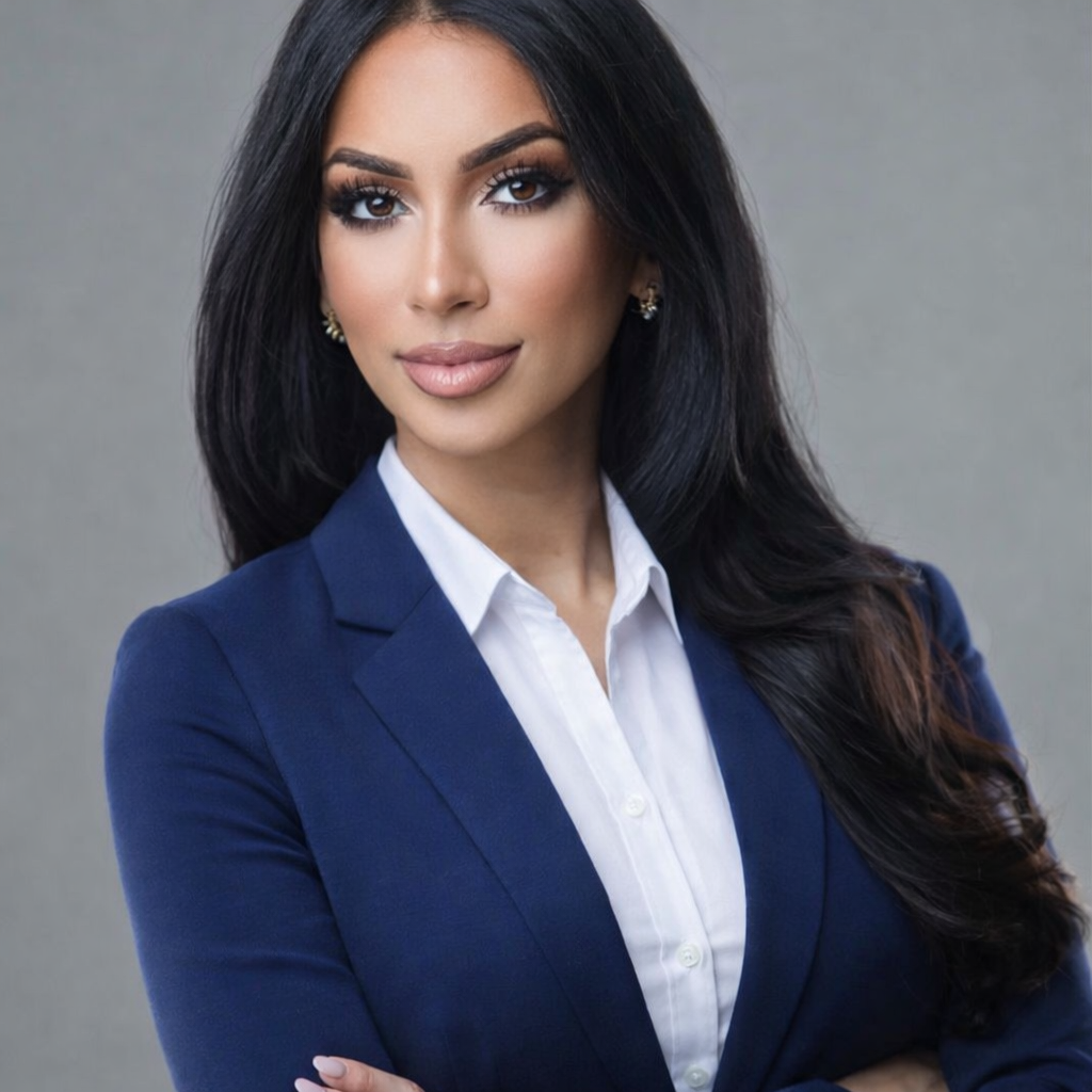 A woman with long dark hair, wearing a blue blazer over a white shirt, posing confidently with her arms crossed against a plain gray background.