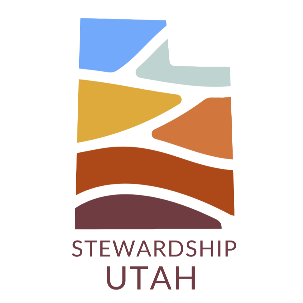 Abstract design with flowing shapes in blue, gray, yellow, orange, brown, and maroon representing land and water, with the text "STEWARDSHIP UTAH" below.