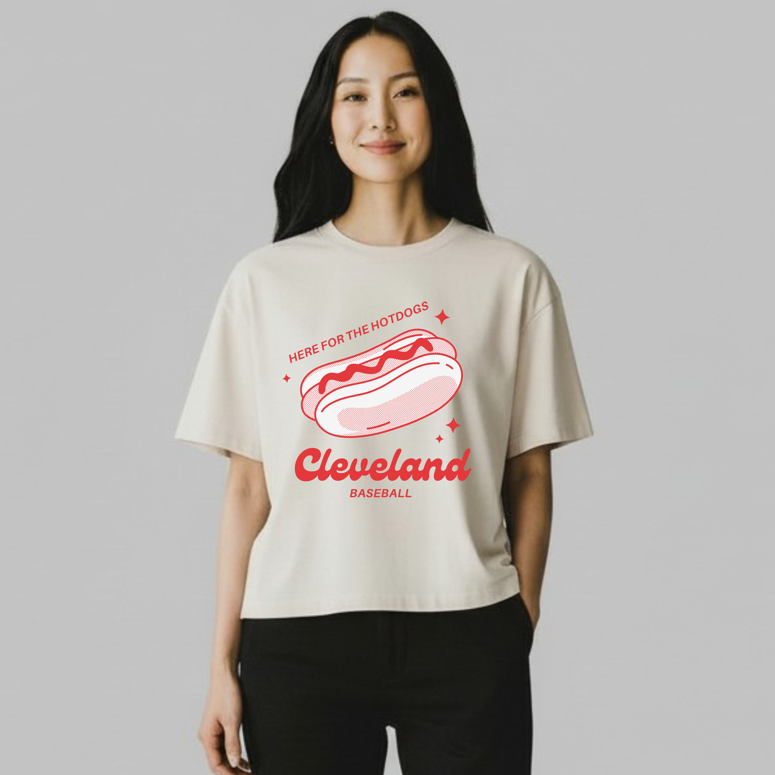 Women's Here for the Hotdogs Cleveland Baseball Tee Model.png
