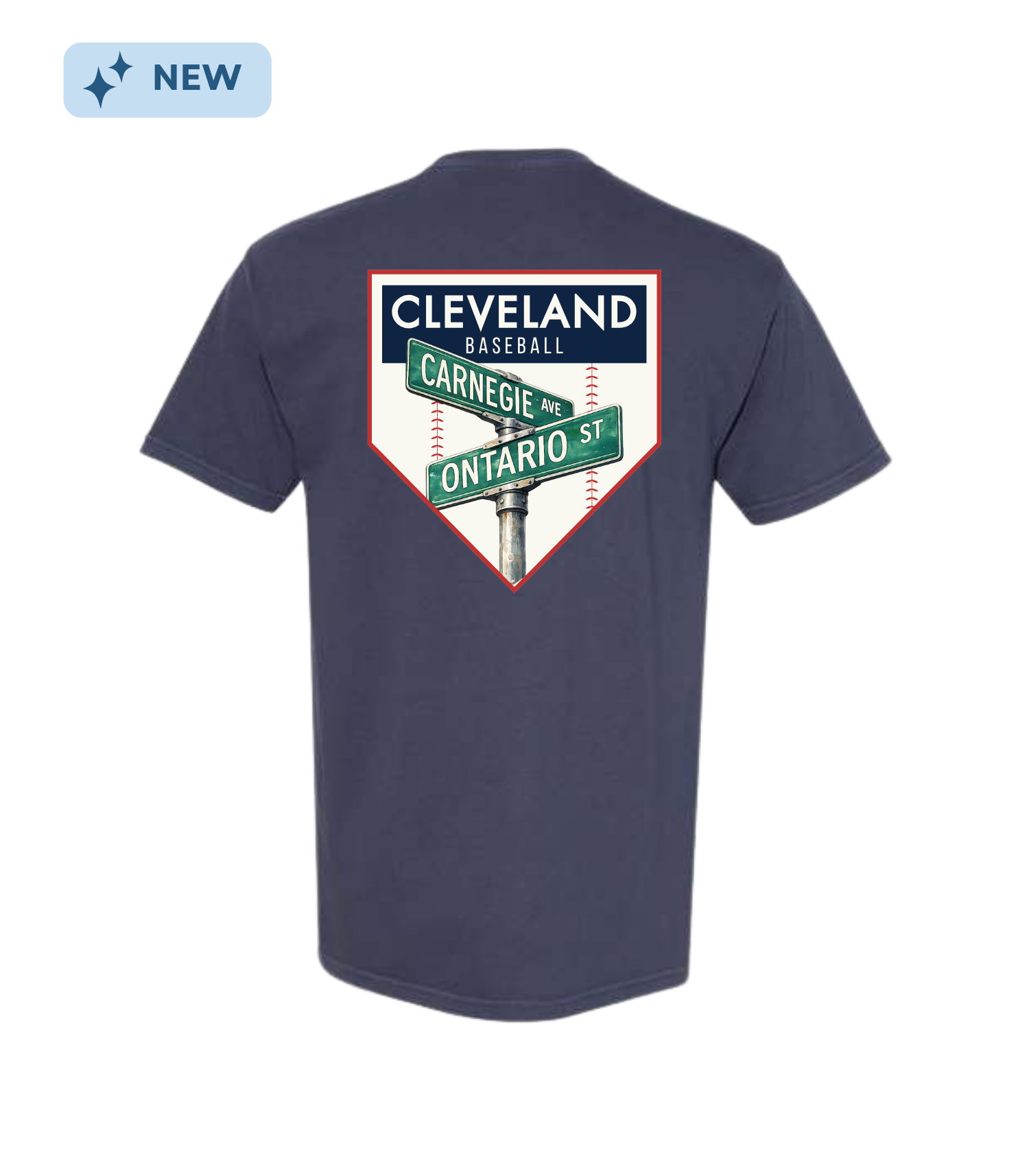 Front of a navy blue Cleveland baseball T-shirt with a street sign graphic showing Carnegie Ave and Ontario St, and the Cleveland Baseball logo above.
