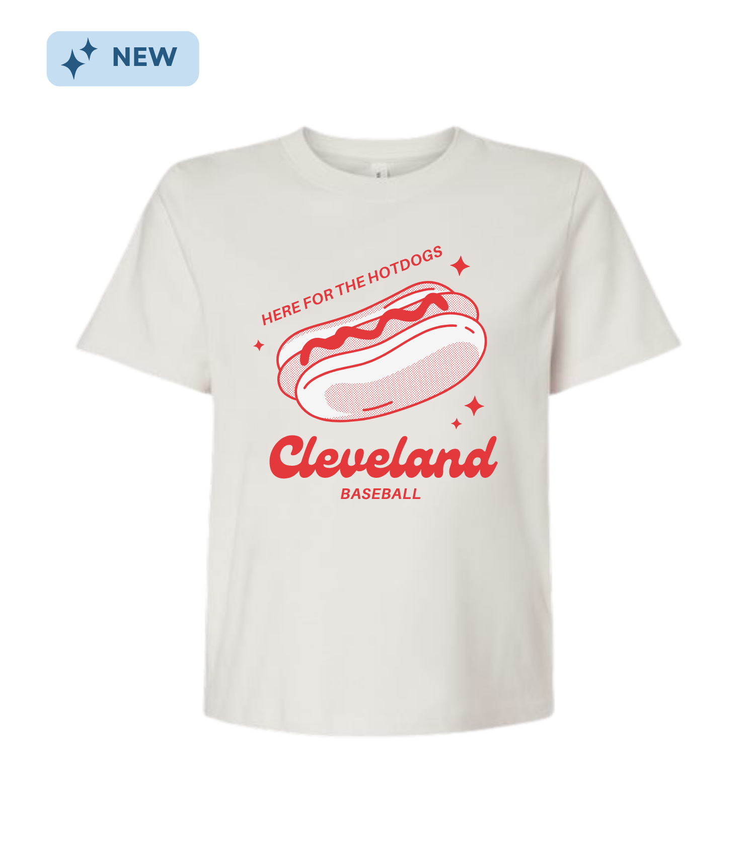 White T-shirt featuring a graphic of a hotdog with the text 'Here for the Hotdogs' above and 'Cleveland Baseball' below, in red font.