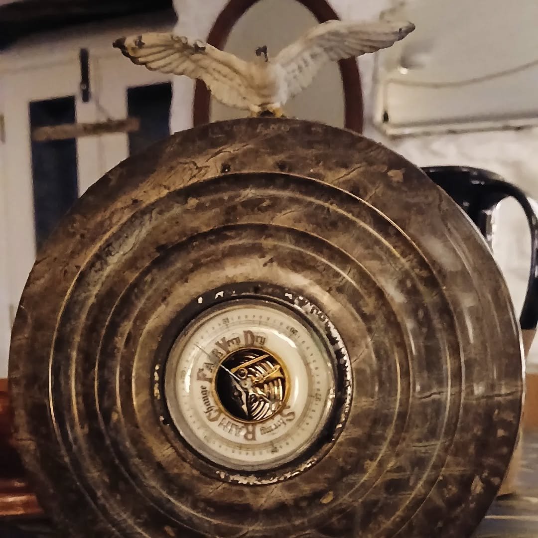 Always love finding a piece of curiosity to add to the cottage. Great piece of polished Surpentine (rock found in Cornwall) with a barometer and a wonderfully weird lead seagull on the top, good find 😀 #prelovedstuff #vintagelove