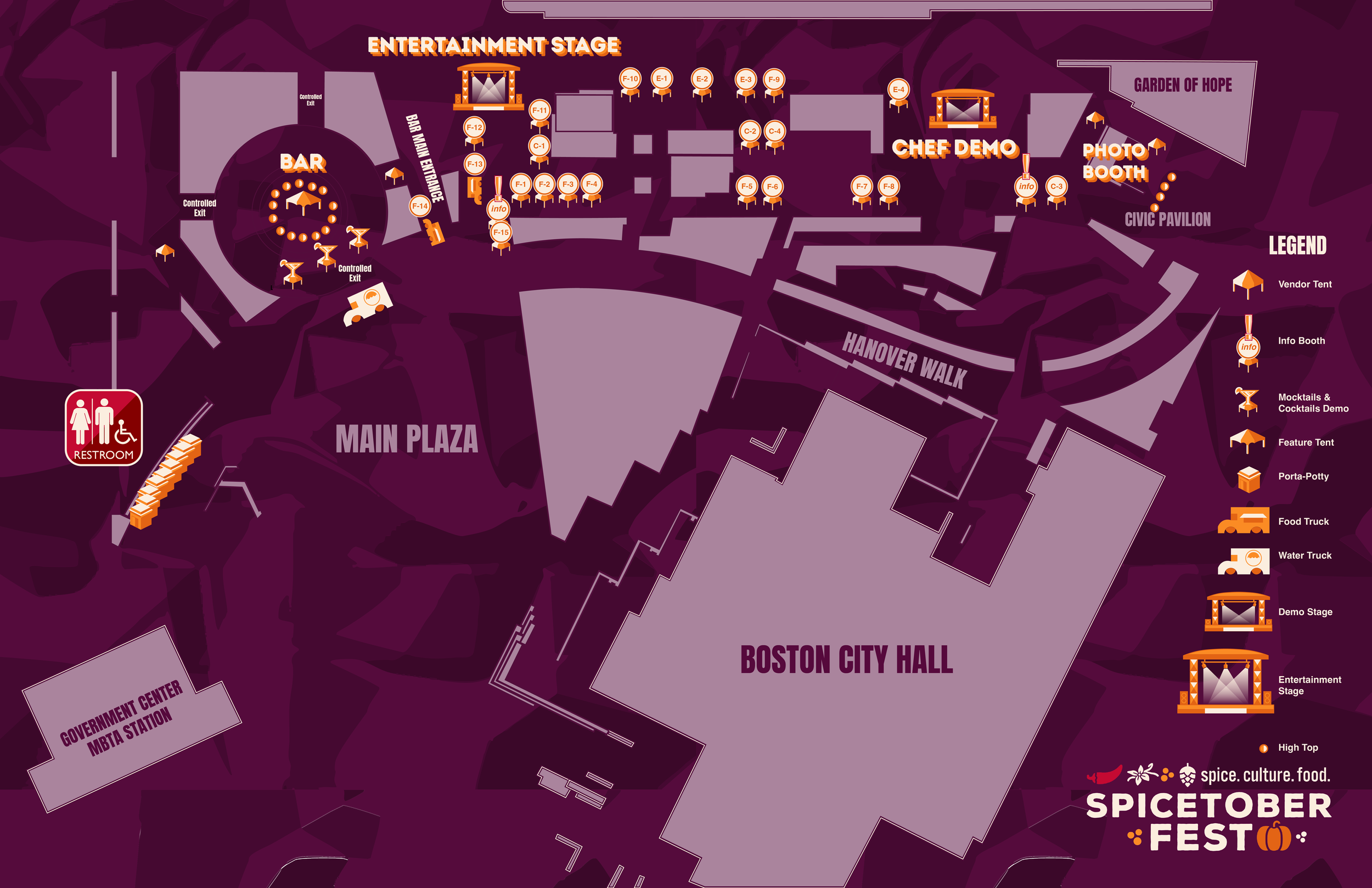 A purple guest map with orange symbols directing guest on where to go.