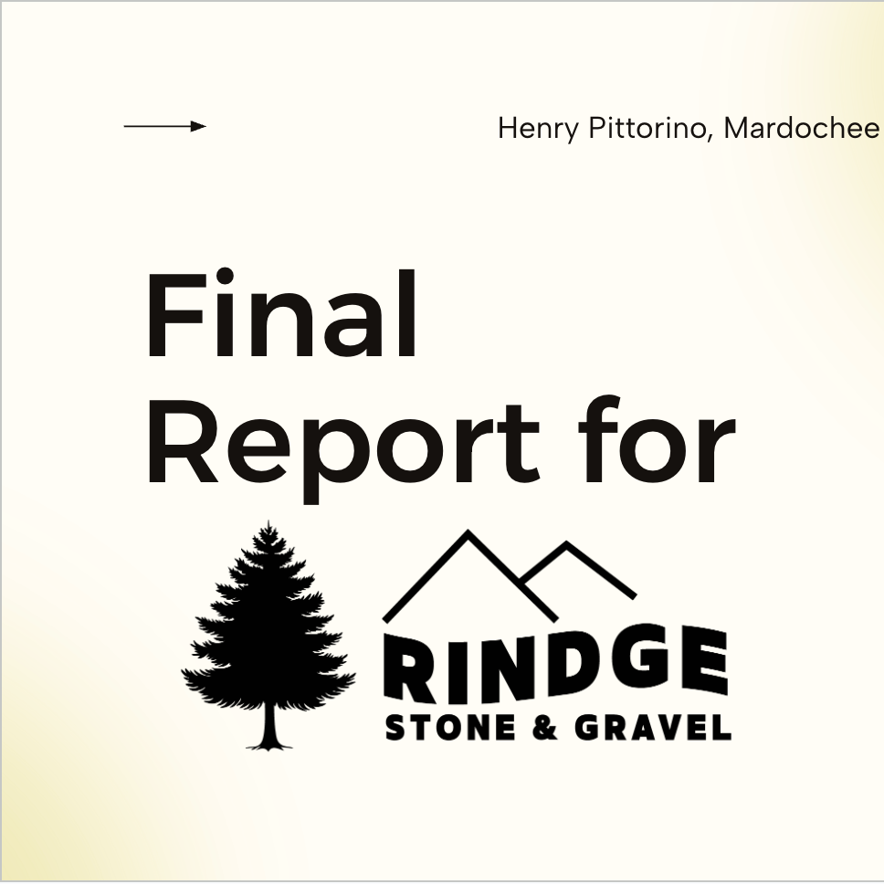 A yellow/white background featuring a logo with a tree and text denoting that this is the Final Report for a project centered around Rindge Stone & Gravel.