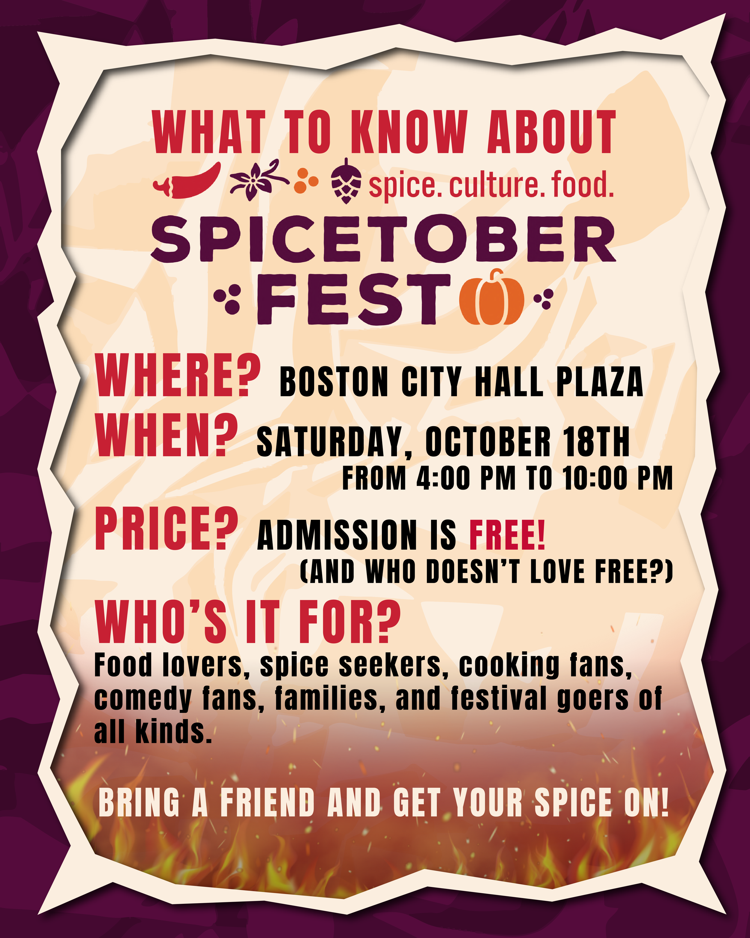 Infographic displayed on a purple/tan background directing viewers where to be for Boston's 2025 Spicetoberfest