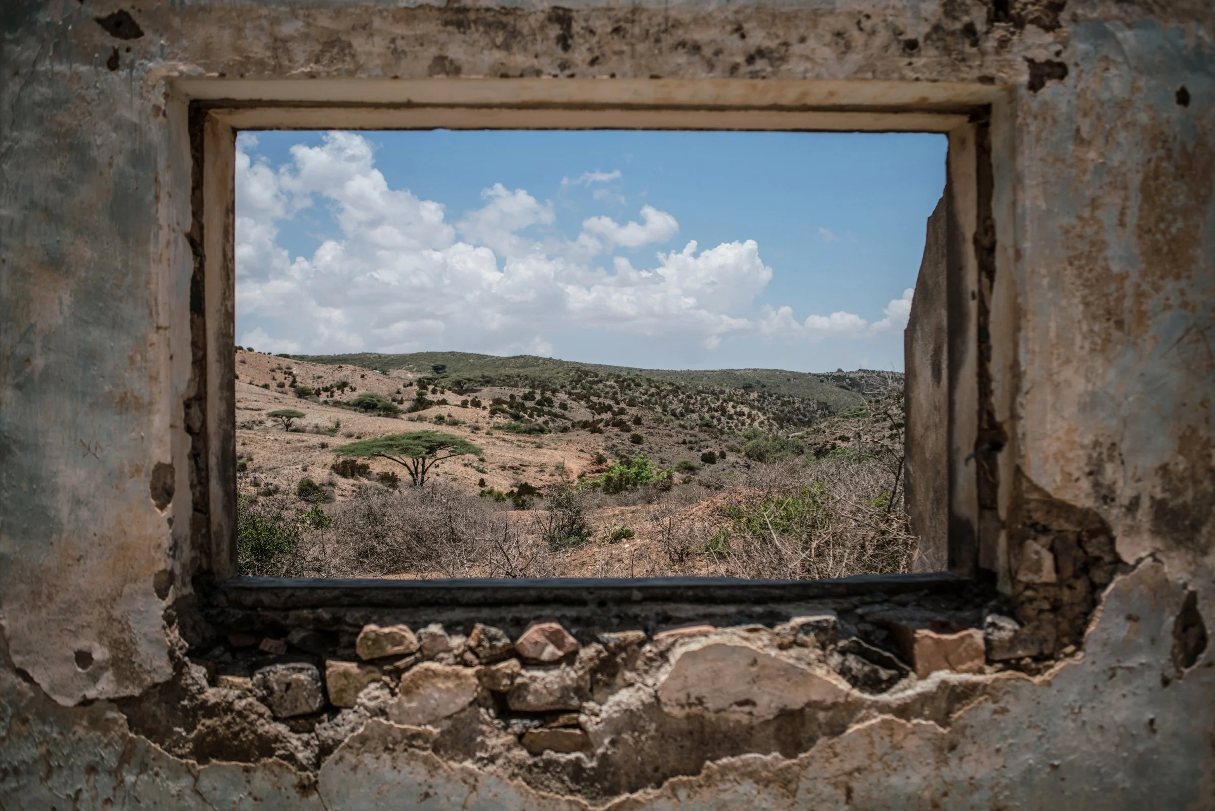 Somalia’s arid landscape as seen from inside a decaying colonial building in the Somaliland town of Sheikh. 