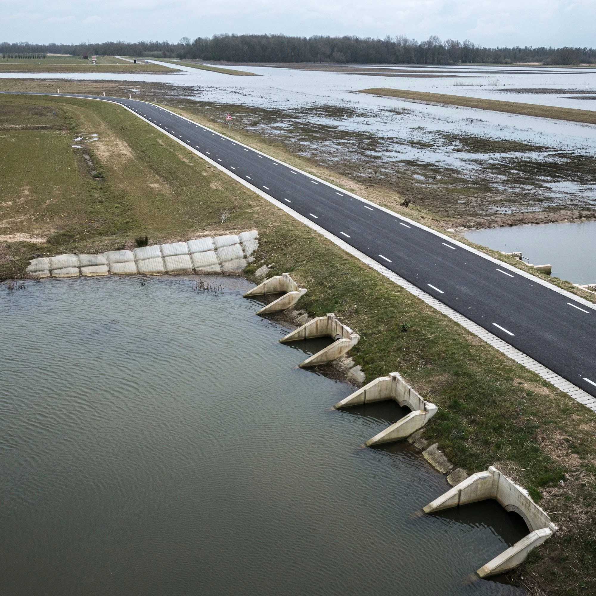 Historic floodplain the Noordwaard polder. A huge area of polder is slowly being re-flooded to make room for the river. New roads have been constructed. 