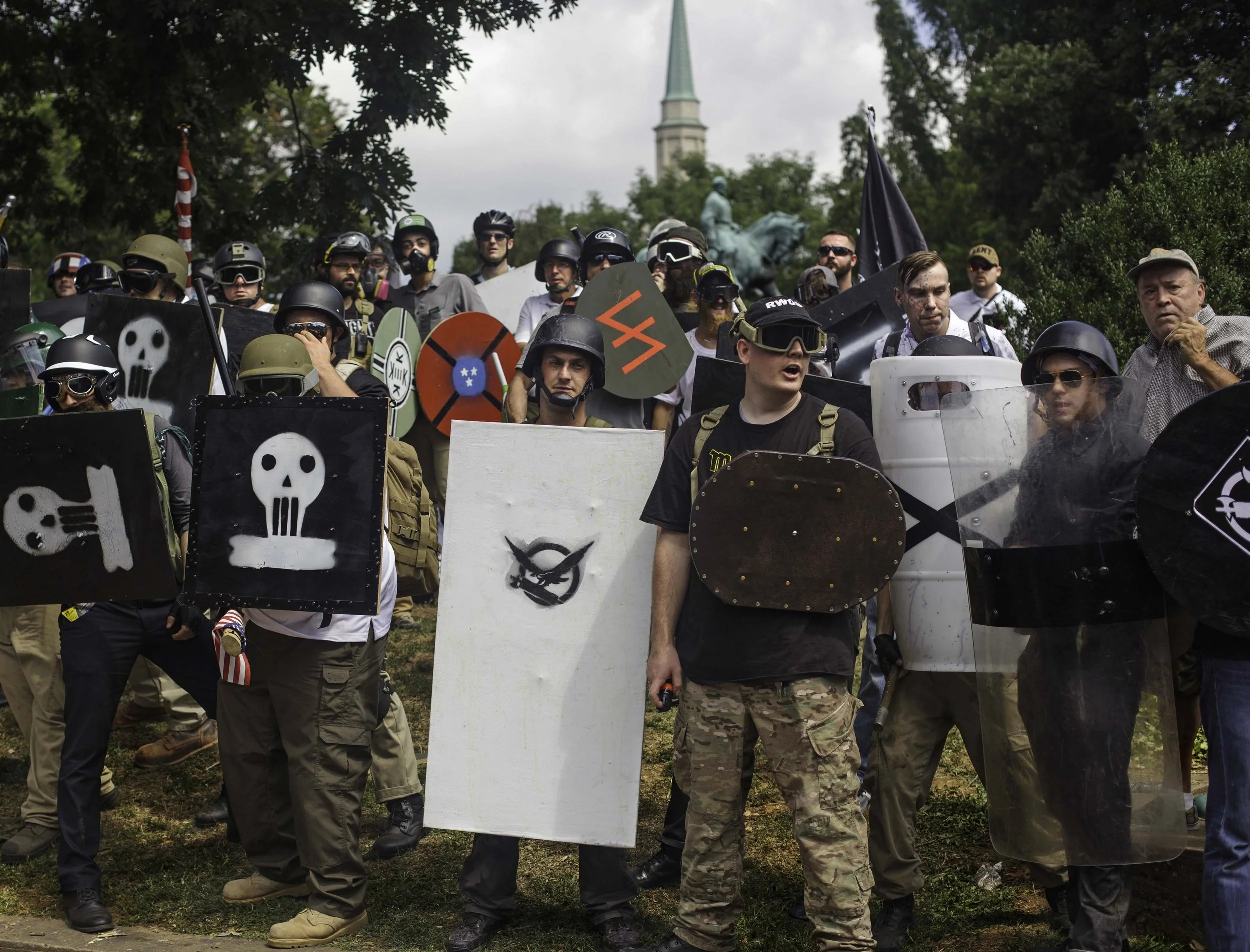 The white supremacists form a line against the Antifa at Robert E. Lee Park. They attempted to hold the park until a state of emergency was declared and the Virginia State Police cleared the park. August 12 , 2017 Charlottesville, VA. (Shay Horse/Gr