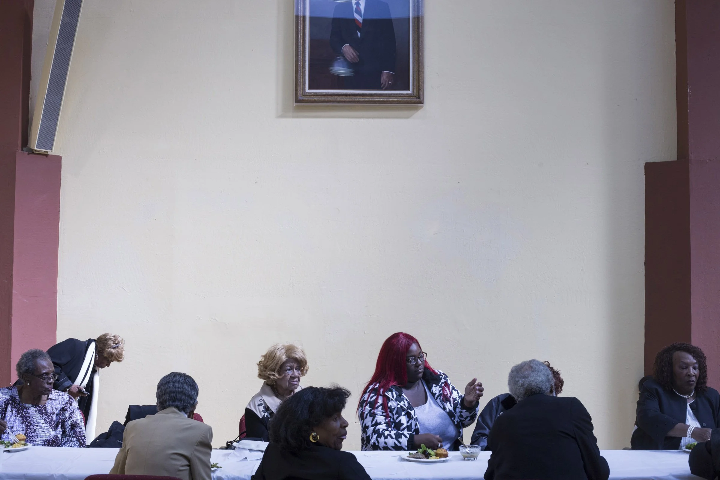  Members of the congregation sit for a luncheon following the service at the Third Baptist Church in the Fillmore district of San Francisco, California, on Sunday, November 5, 2017. (Photo by Brittany Greeson) 