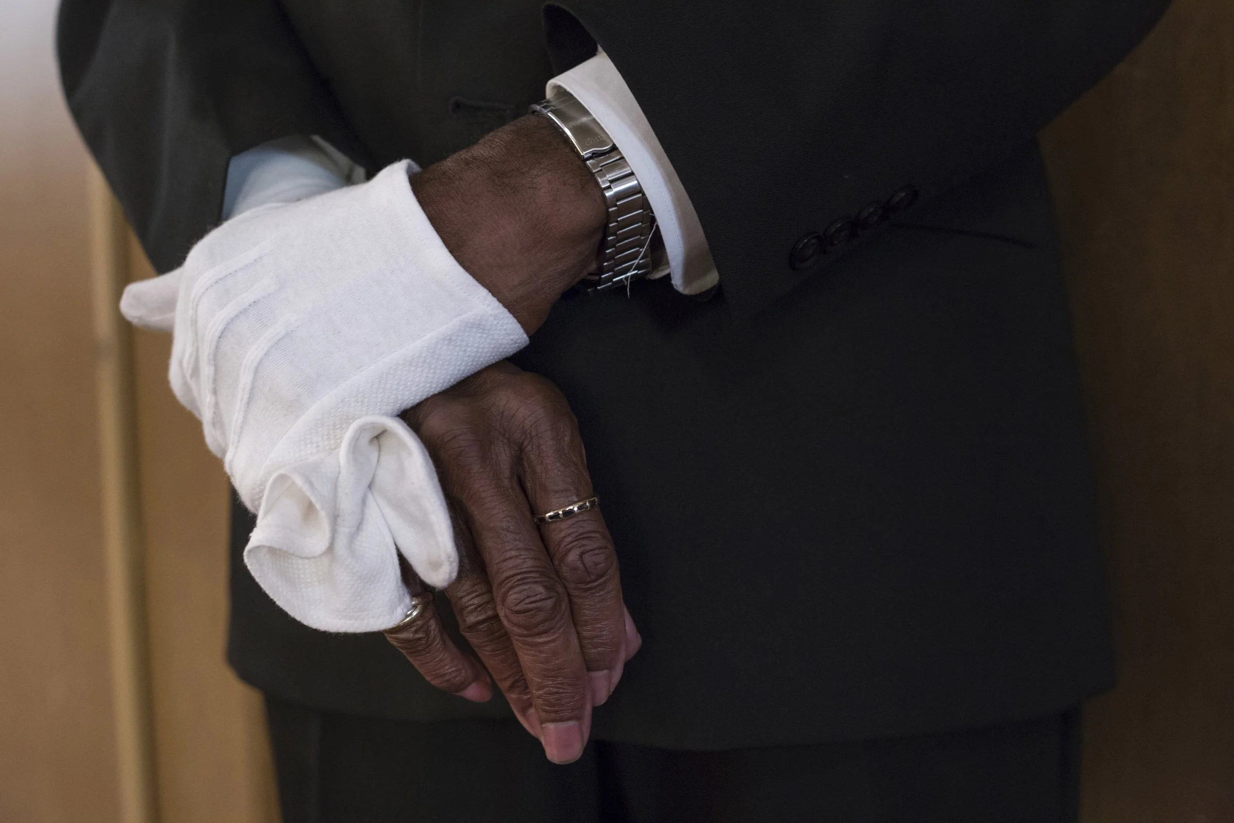  Alexander Williams, 76, holds his glove while listening to the sermon at Third Baptist Church in the Fillmore district of San Francisco, California, on Sunday, November 5, 2017. (Photo by Brittany Greeson) 
