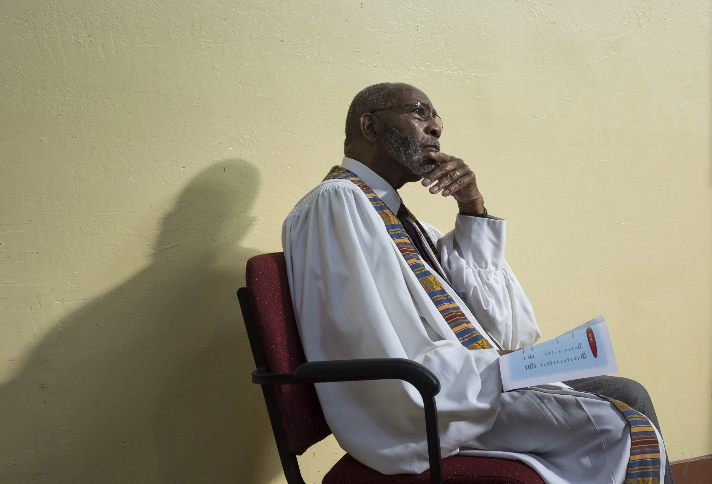  Dr. Amos C. Brown listens to a discussion about the budget with his congregation during a luncheon at the Third Baptist Church, where he is the pastor, in the Fillmore district of San Francisco, California, on Sunday, November 5, 2017. (Photo by Bri