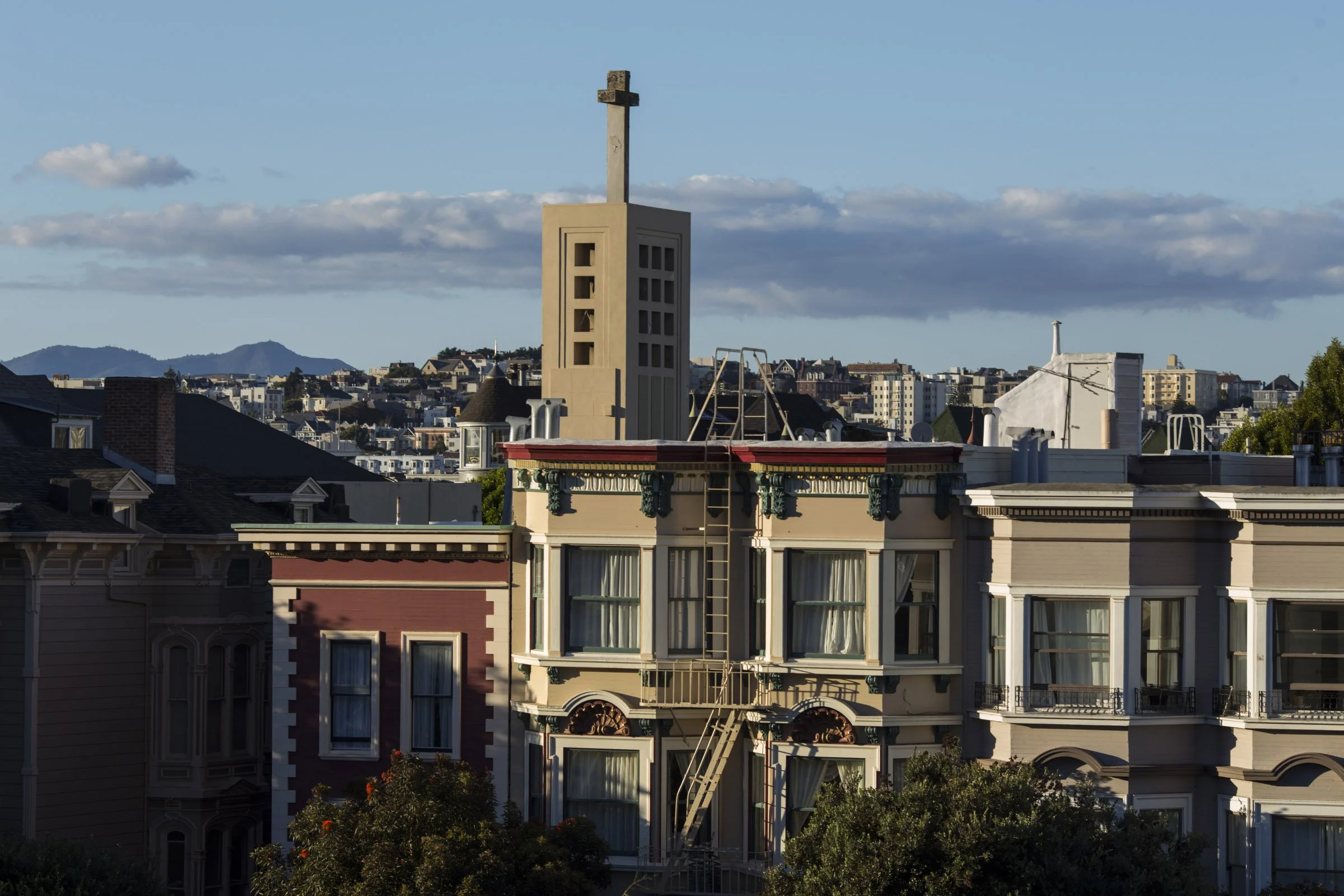  The Third Baptist Church towers above homes in the Fillmore District of San Francisco, California, on Tuesday, November 7, 2017. (Photo by Brittany Greeson) 