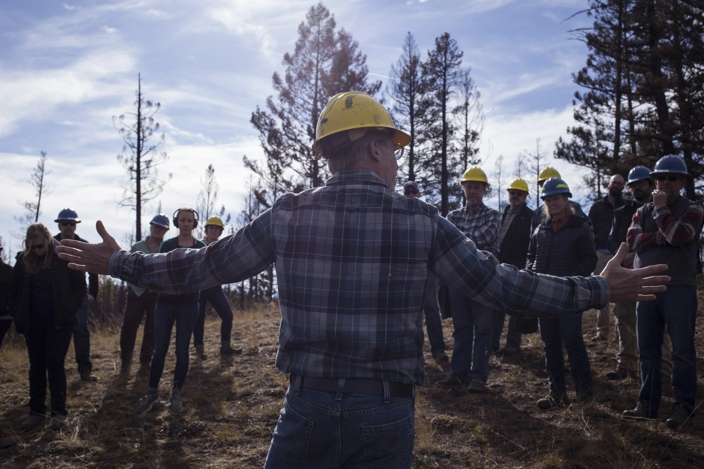  Members of the Southwestern Crown Collaborative discuss restoration plans after the Rice Ridge Fire outside of Seeley Lake, Montana, on Thursday, October 19, 2017. (Photo by Brittany Greeson) 