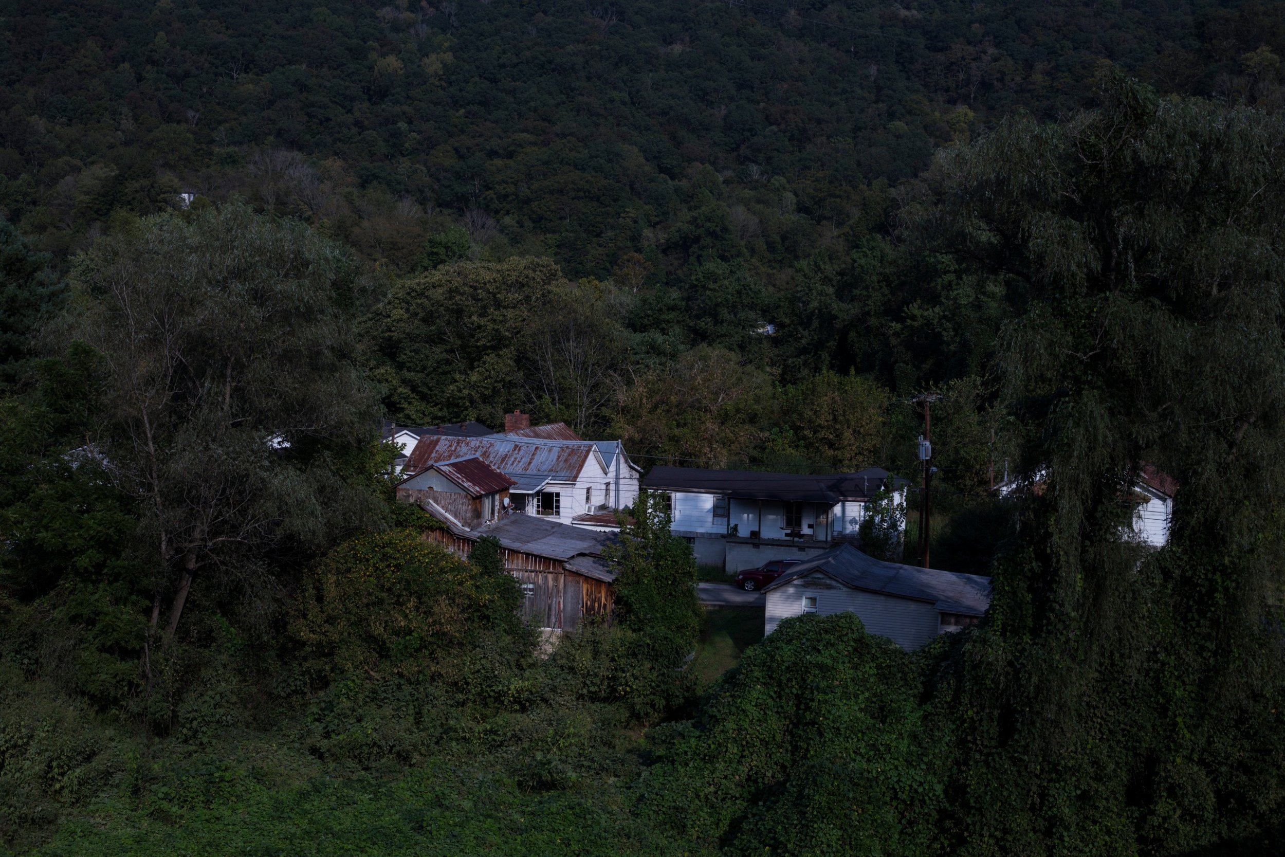  A cluster of homes are seen among a expanse of trees and kudzu from an overpass in Martin, Kentucky, on Friday, September 22, 2017. (Photo by Brittany Greeson) 