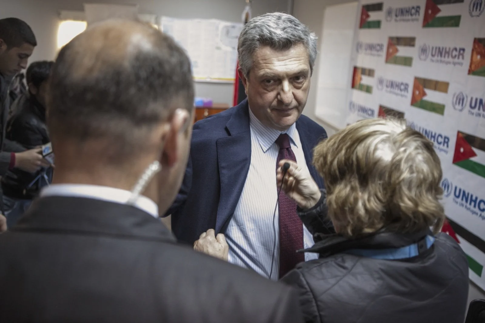  Filippo Grandi, the new United Nations High Commissioner for Refugees, speaks to his staff during a press conference at Zaatari refugee camp in Jordan on January 18, 2016. (Christopher Lee/GroundTruth) 