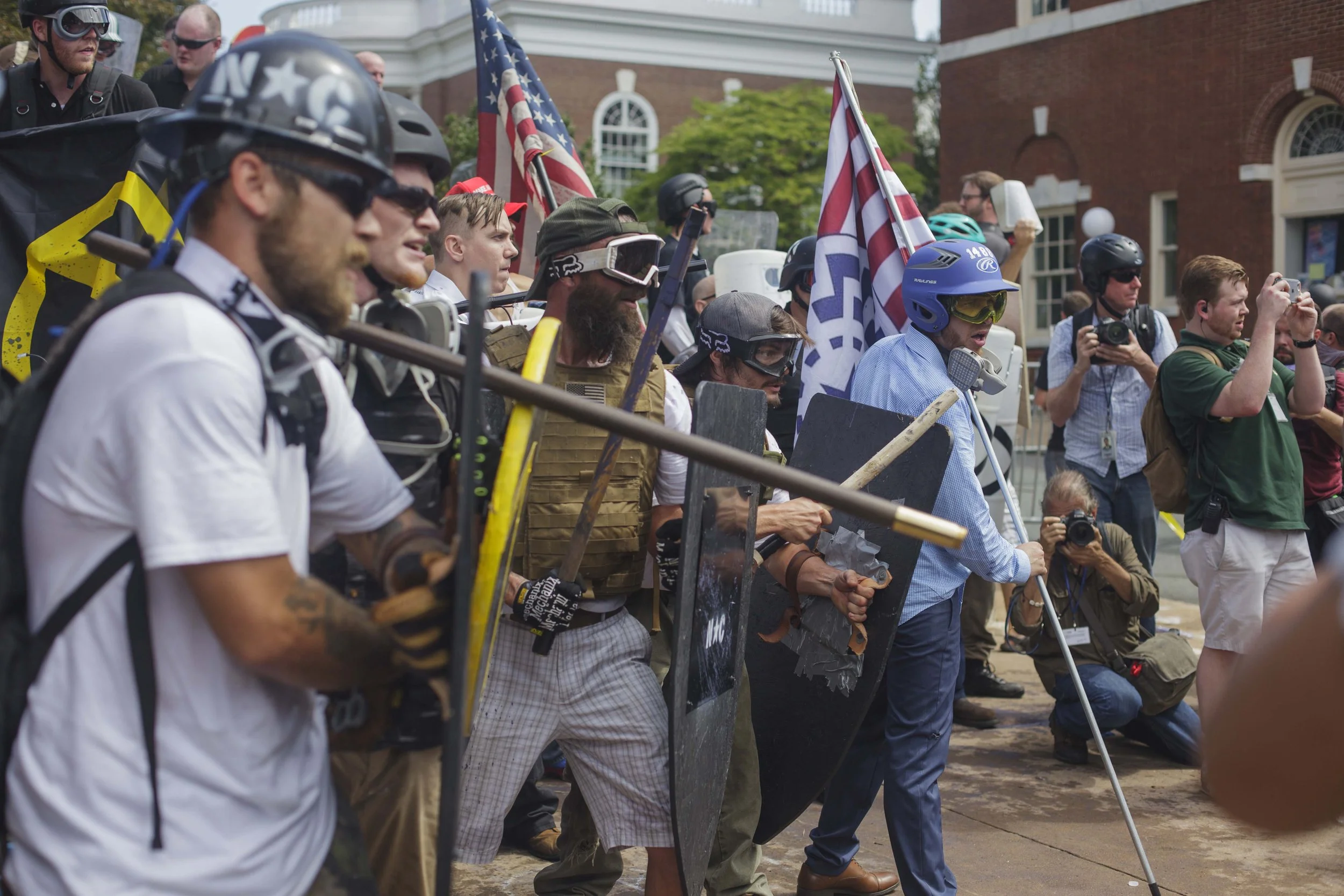  White supremacist used shields, flagpoles and mace as weapons against the left wing counter protestors, who call themselves Antifa. August &nbsp;12, 2017 Charlottesville, VA. (Shay Horse/GroundTruth) 
